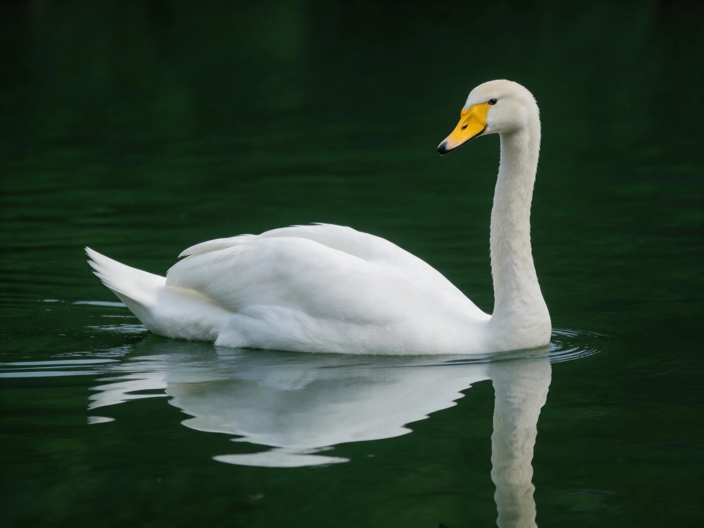 A white swan gliding on dark green water