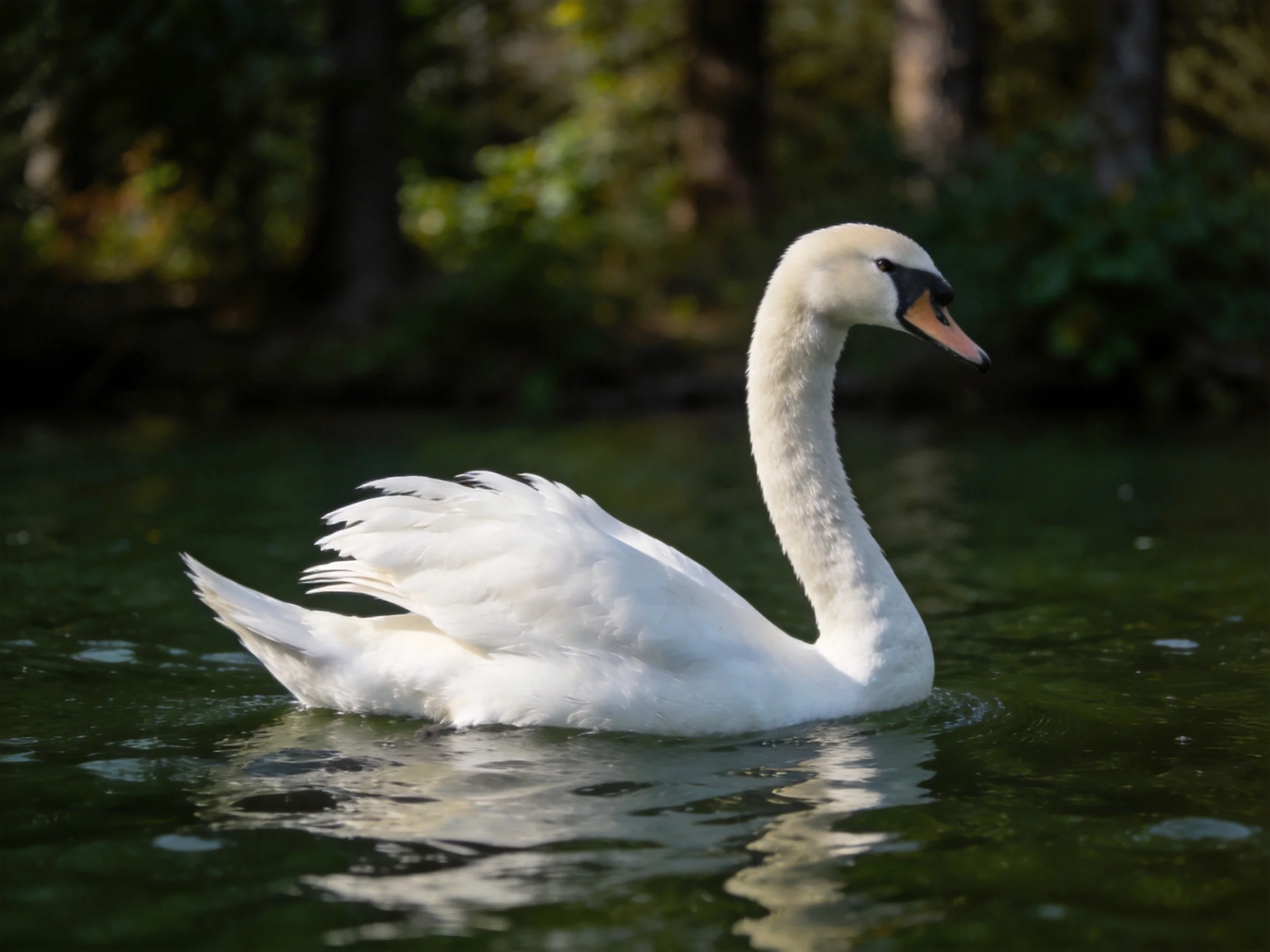 A white swan gliding on dark green water near trees