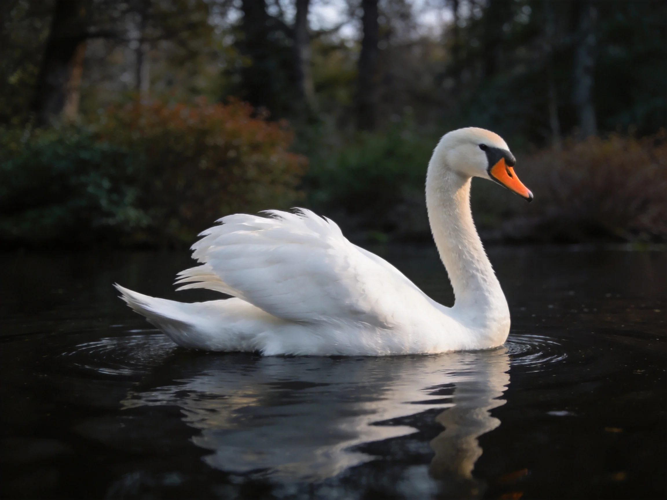 A white swan gliding on dark water nearforested shoreline