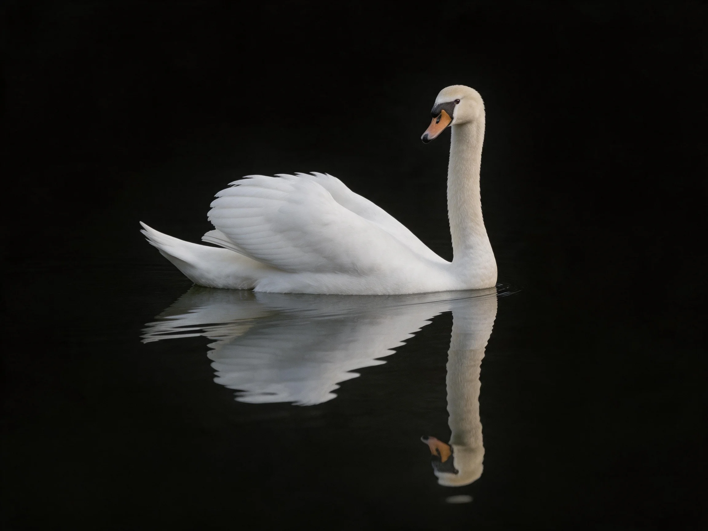 A white swan gliding on dark water with a clear reflection