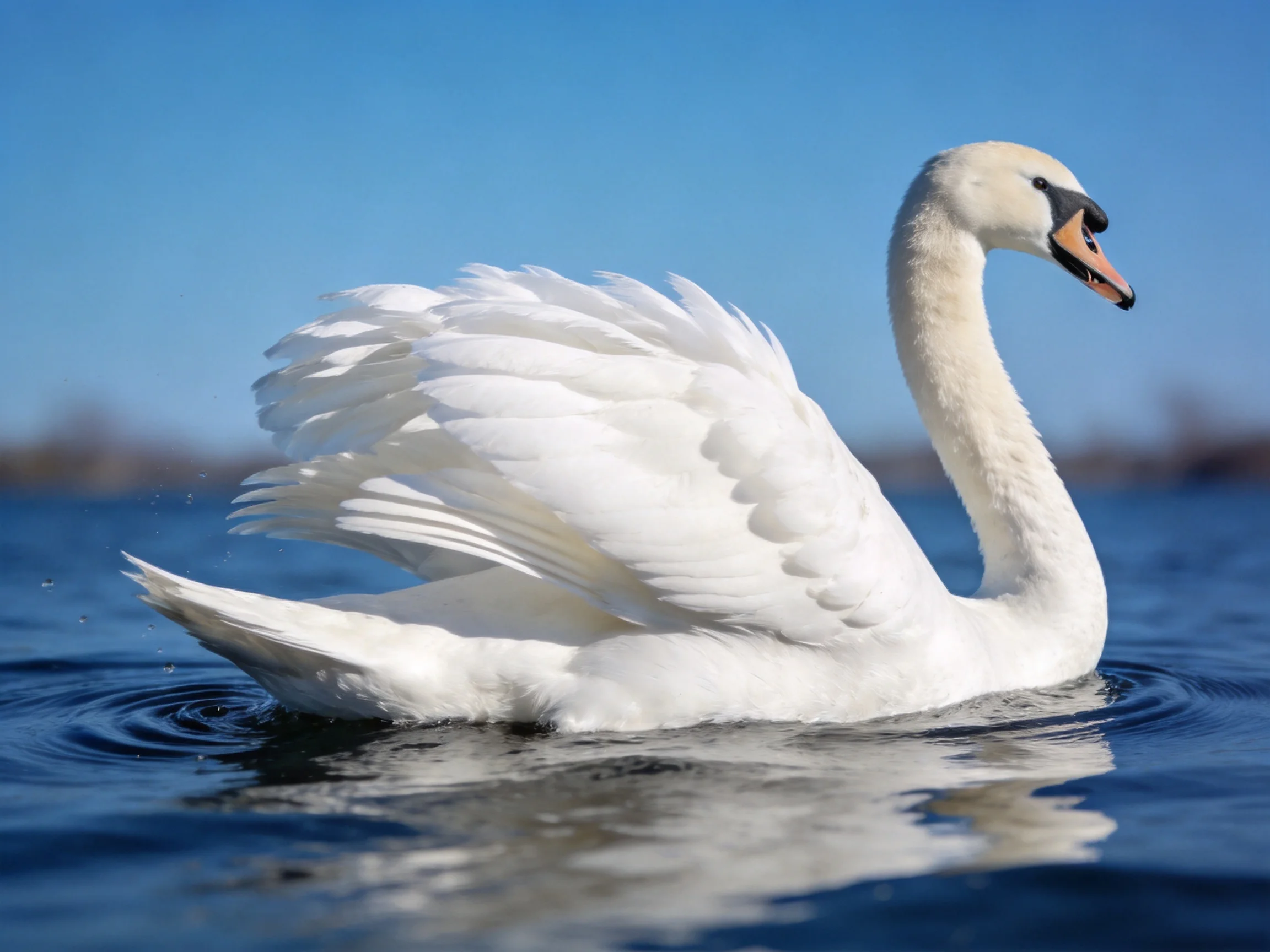 A white swan gliding on deep blue water under bright sky