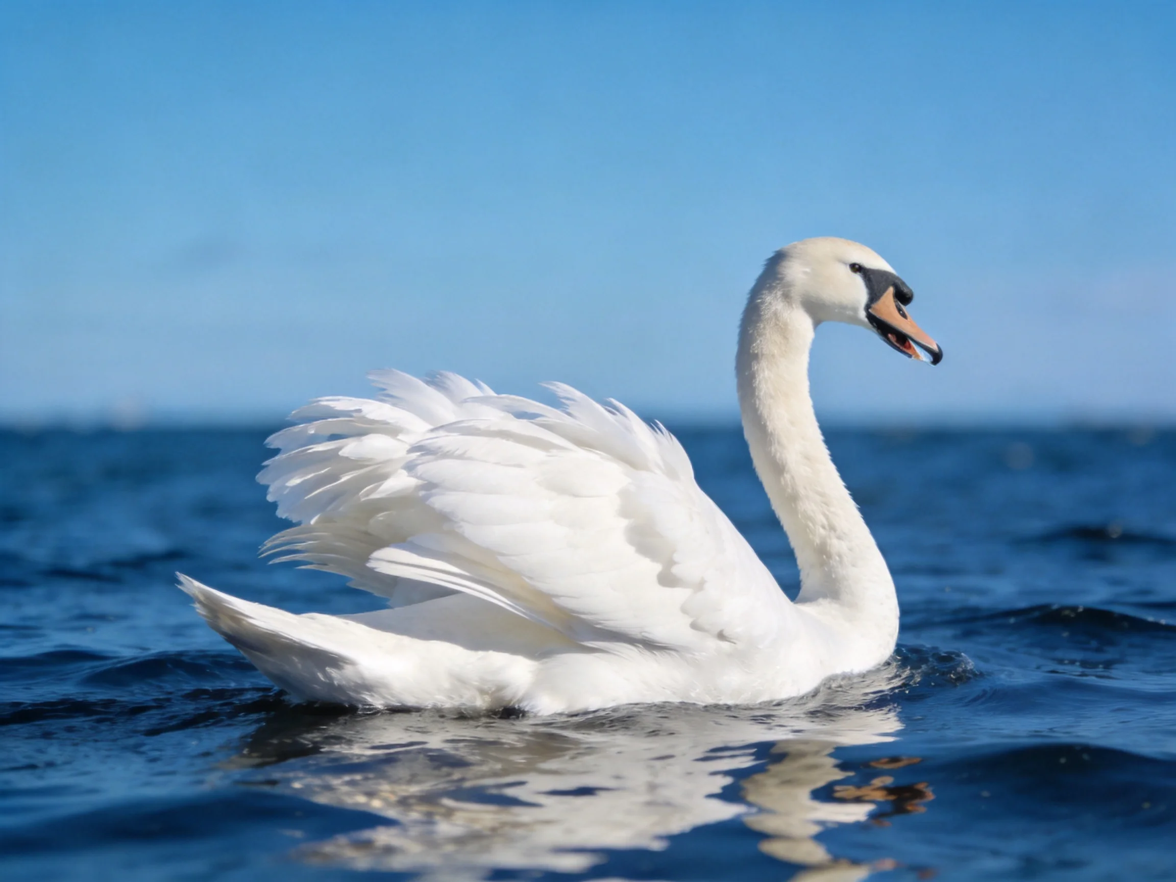 A white swan gliding on deep blue water under clear sky