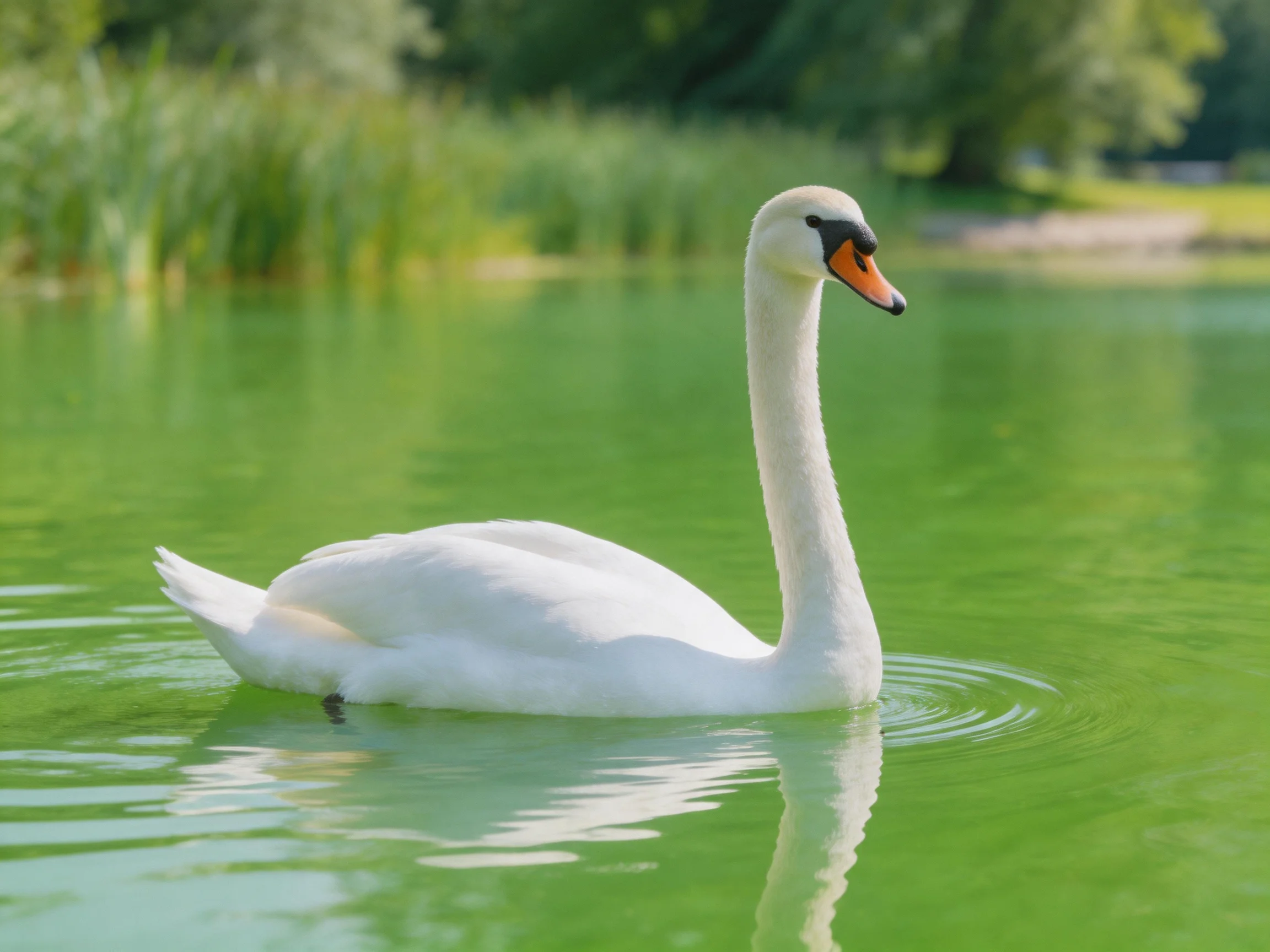 A white swan gliding on emerald-green lake waters