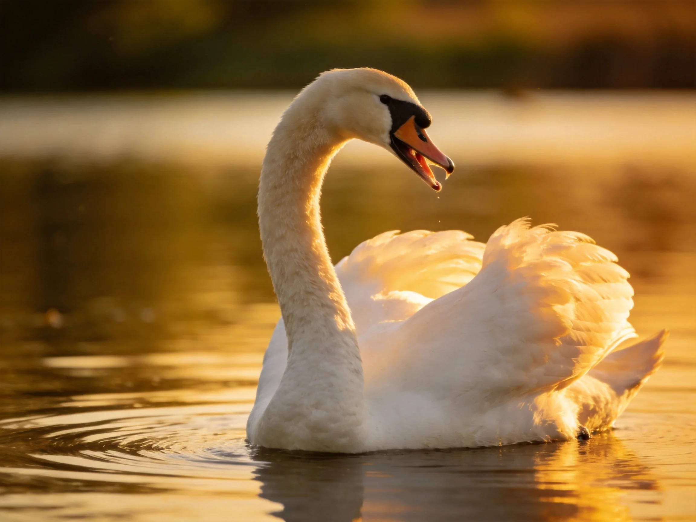 A white swan gliding on golden-hued water at sunset