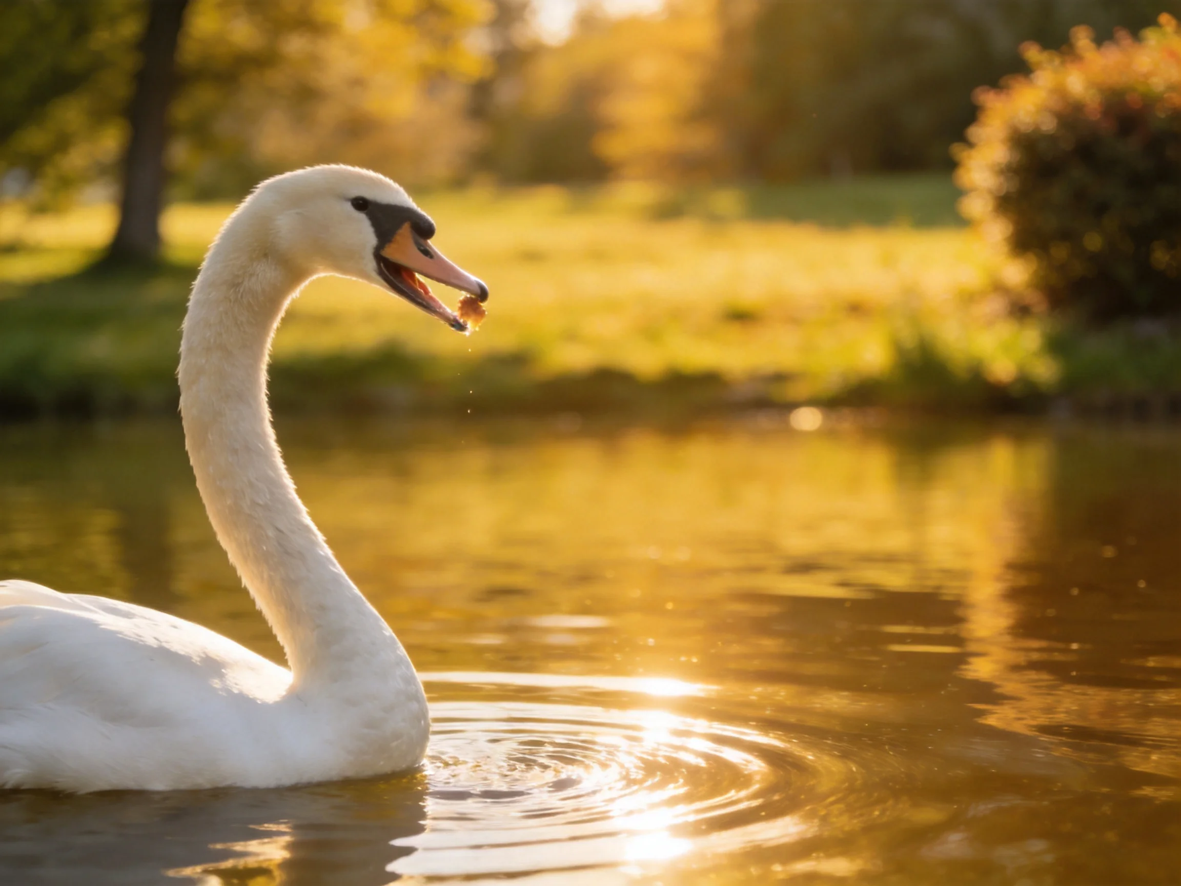 A white swan gliding on golden-hued water at sunset