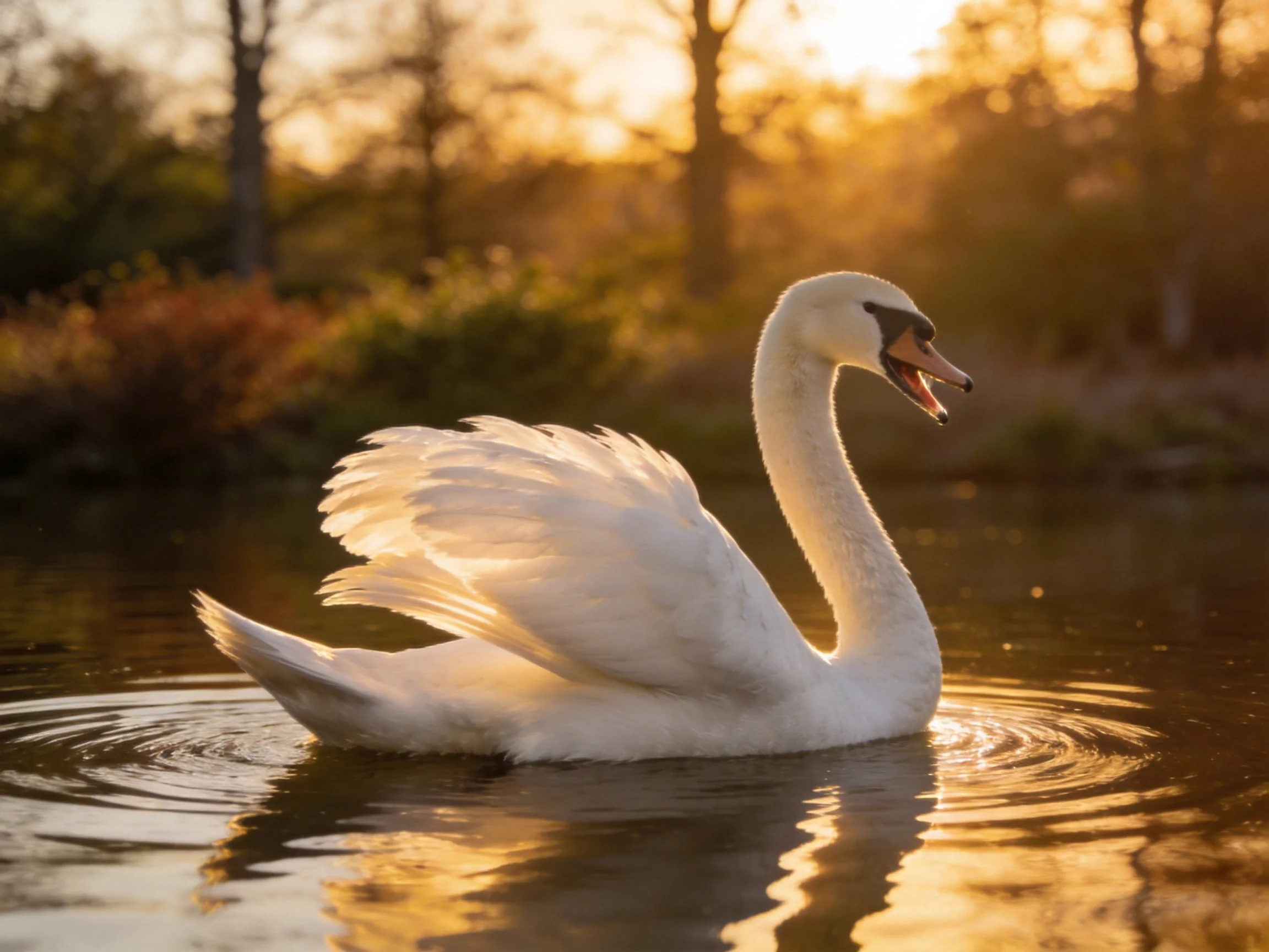 A white swan gliding on golden-hued water at sunset