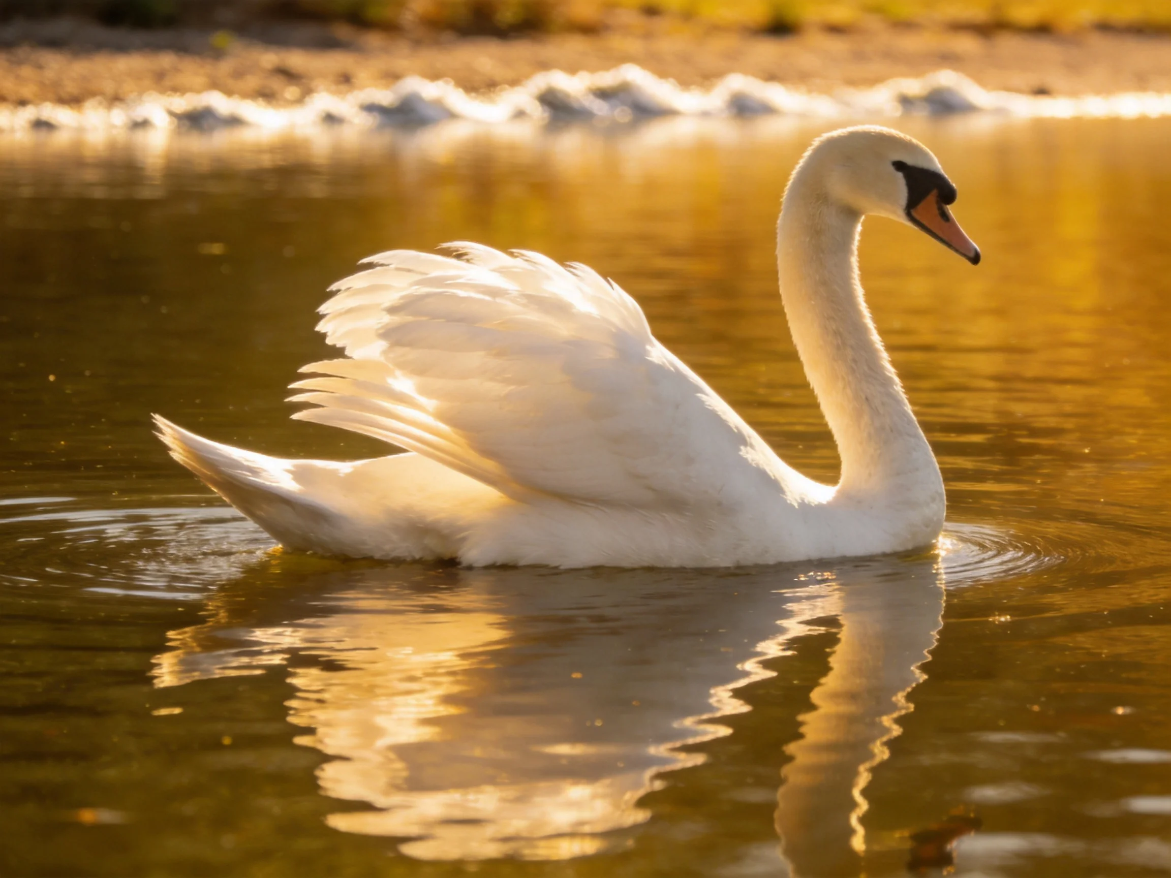 A white swan gliding on golden-hued water near a shore