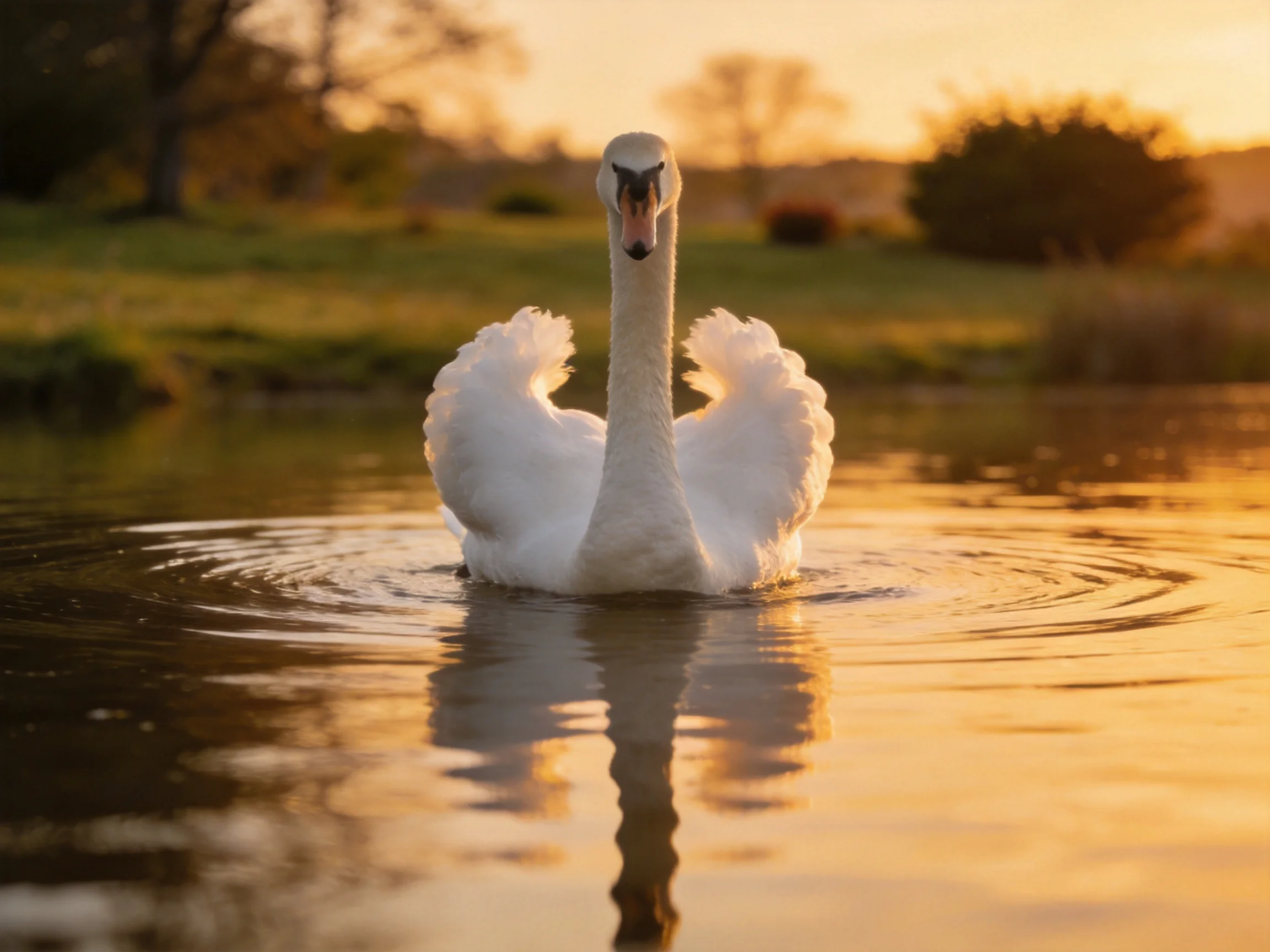 A white swan gliding on golden water at sunset