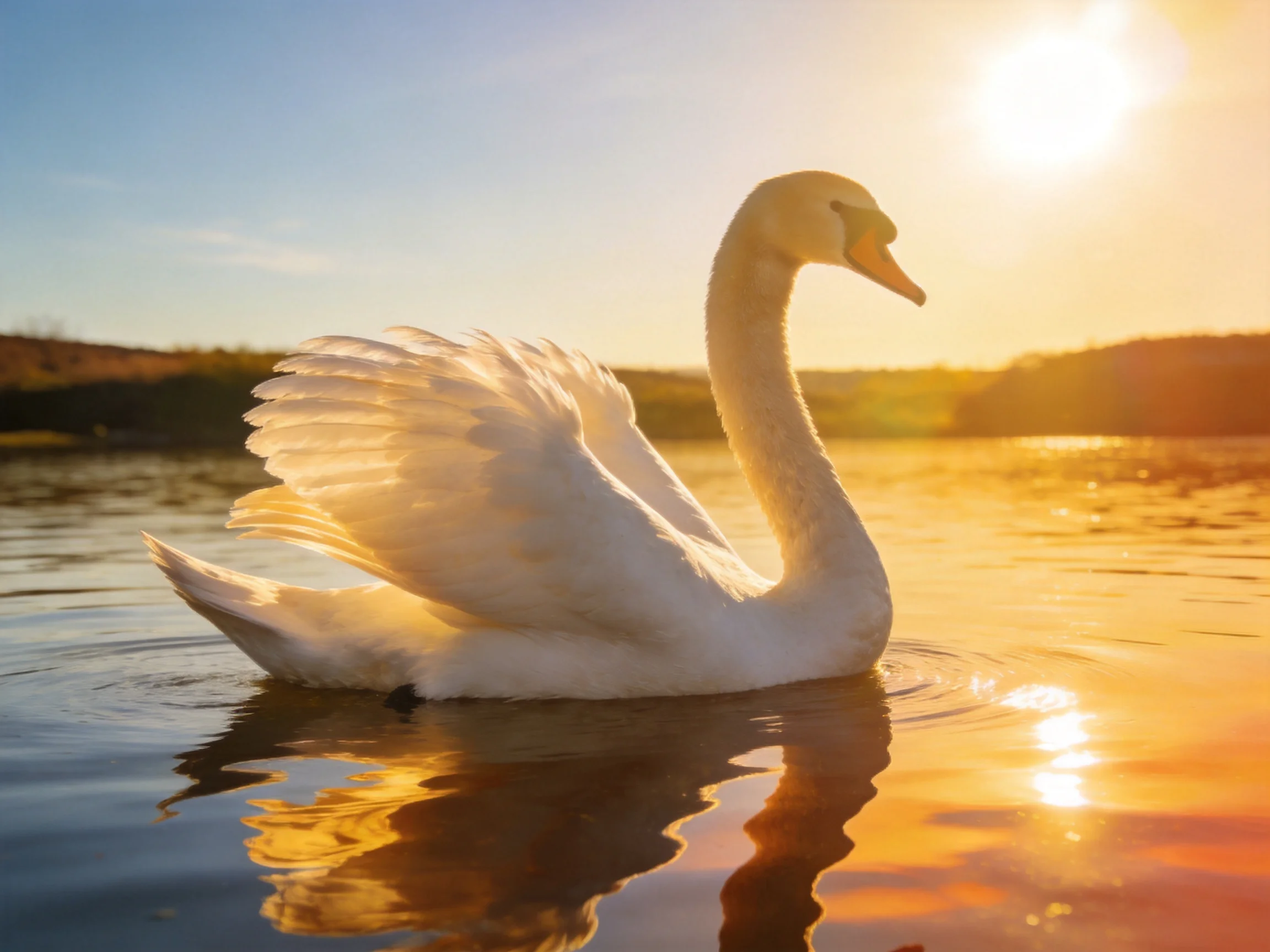 A white swan gliding on golden water at sunset