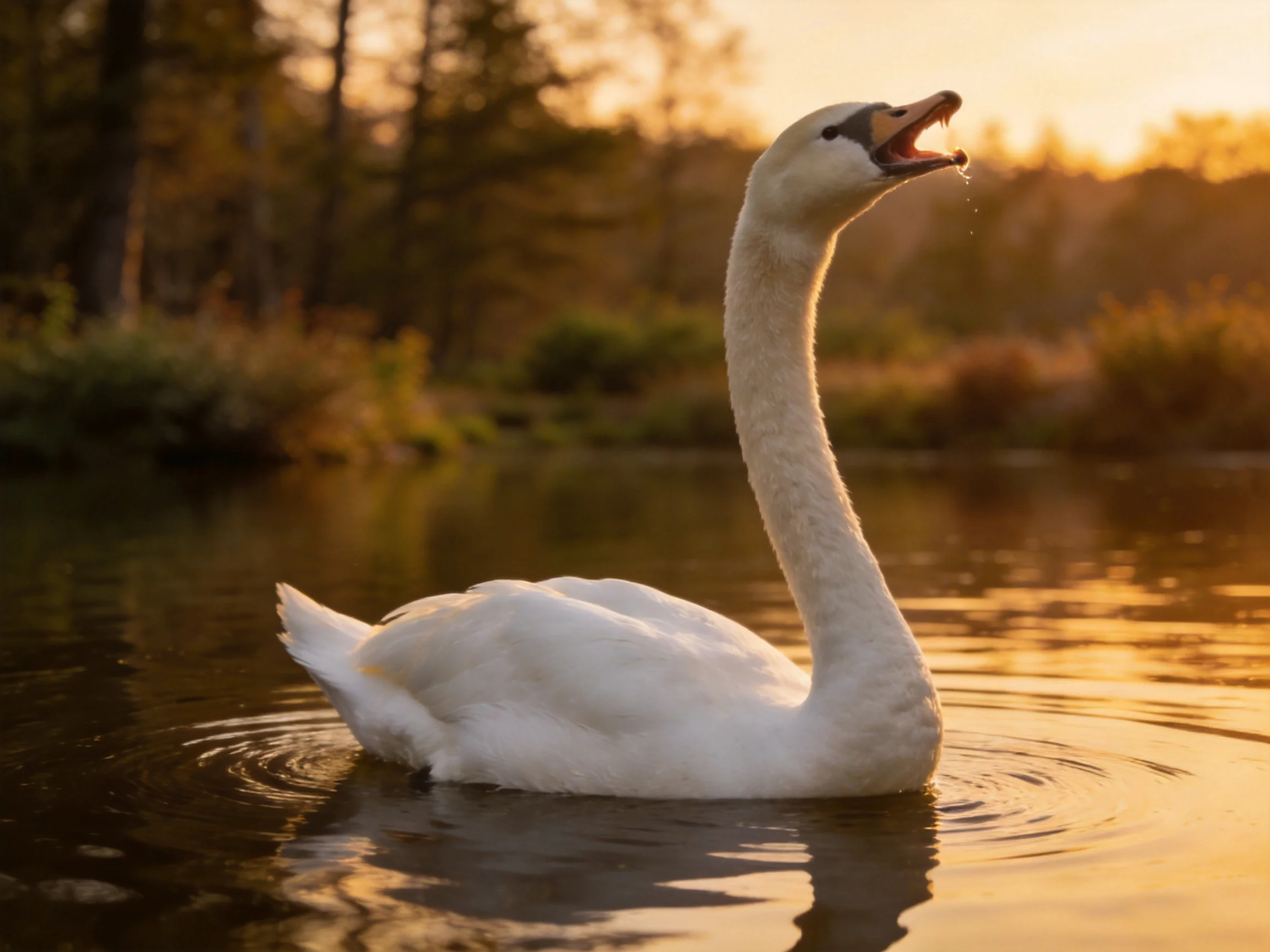 A white swan gliding on golden water near forested shoreline