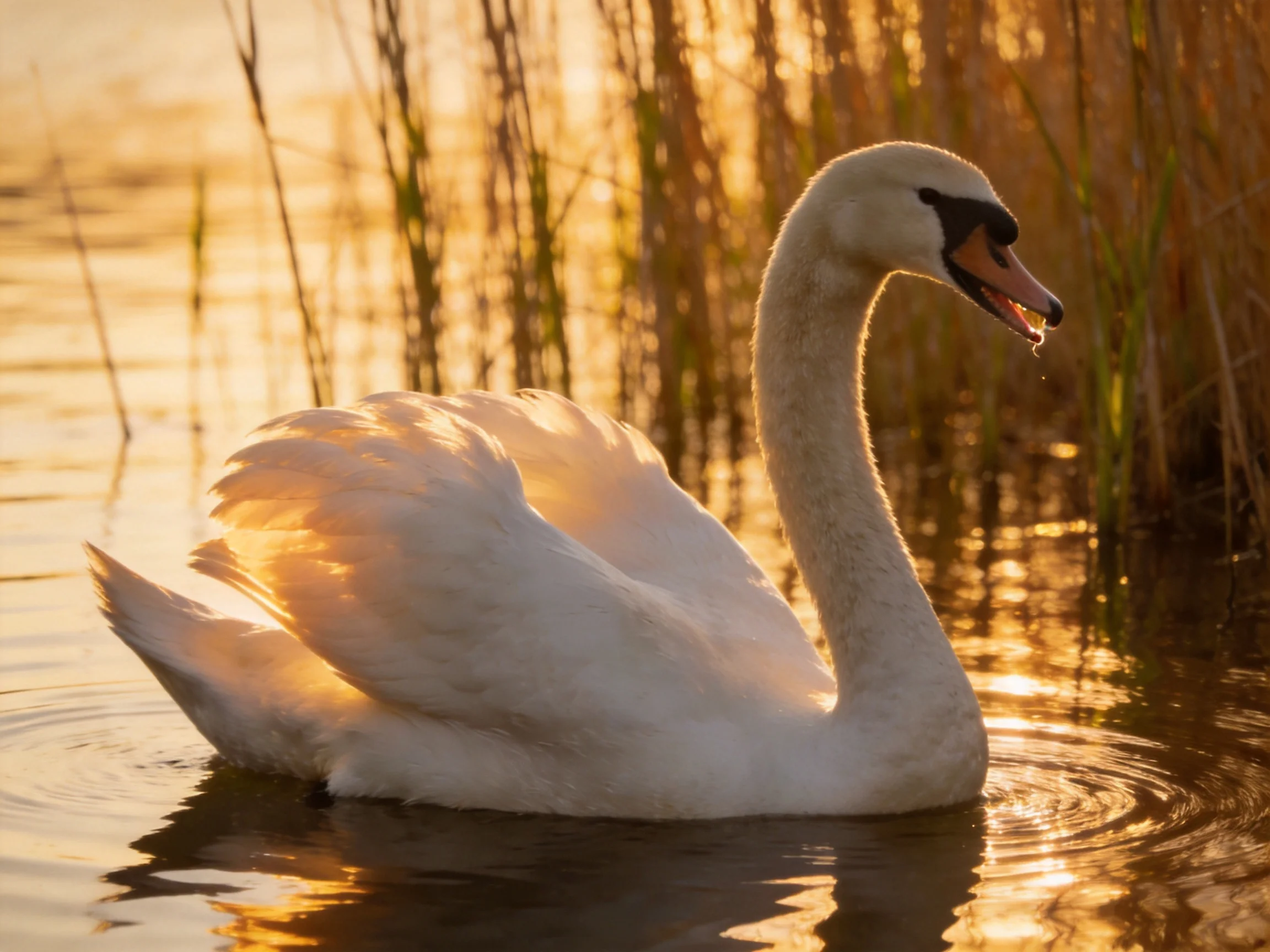 A white swan gliding on golden water near tall reeds