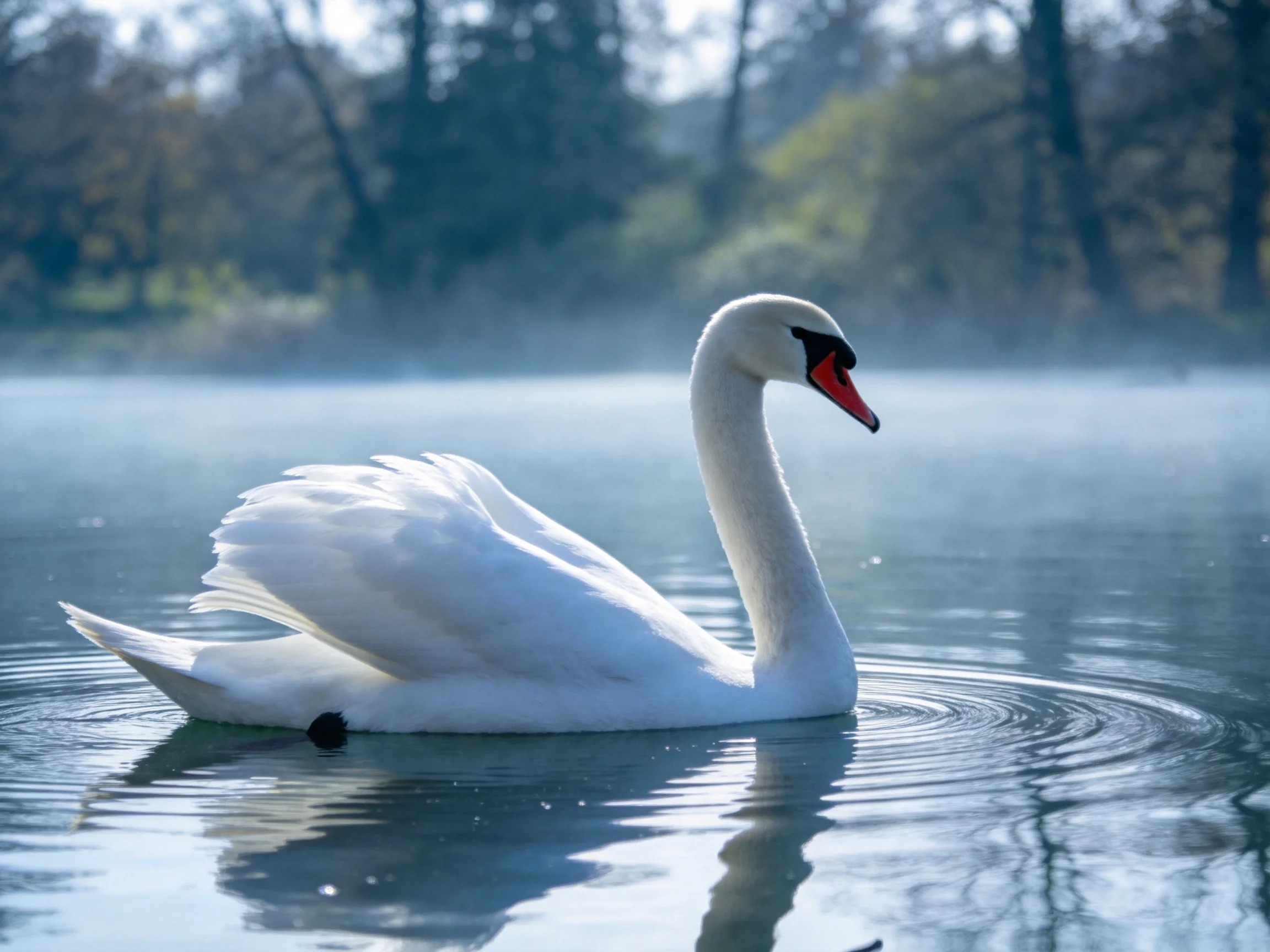 A white swan gliding on misty water near trees