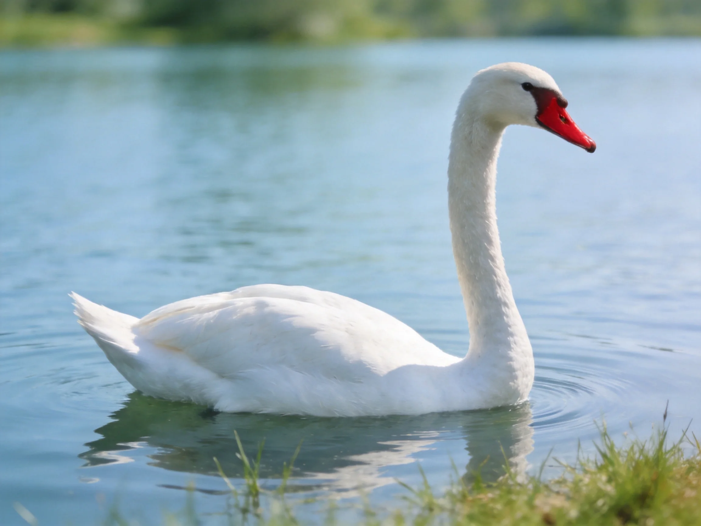 A white swan gliding on serene blue water by lush green shore