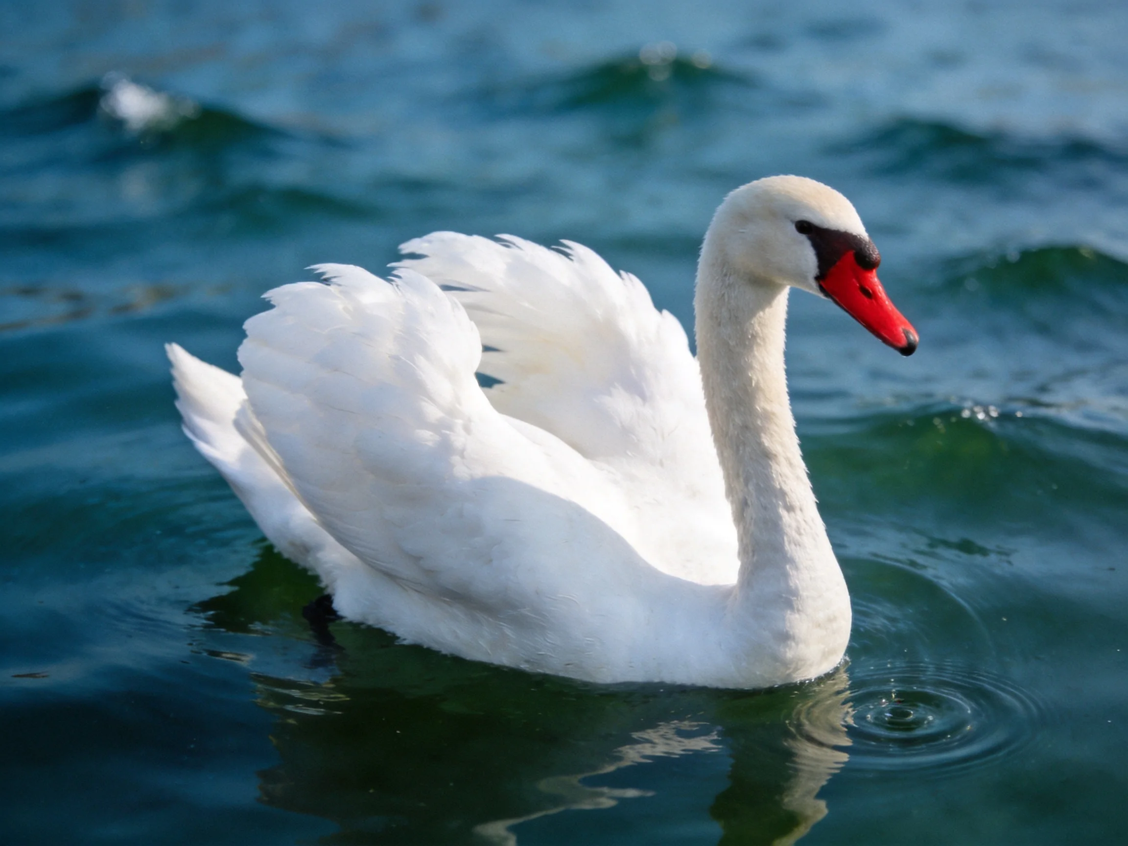 A white swan gliding on turquoise water