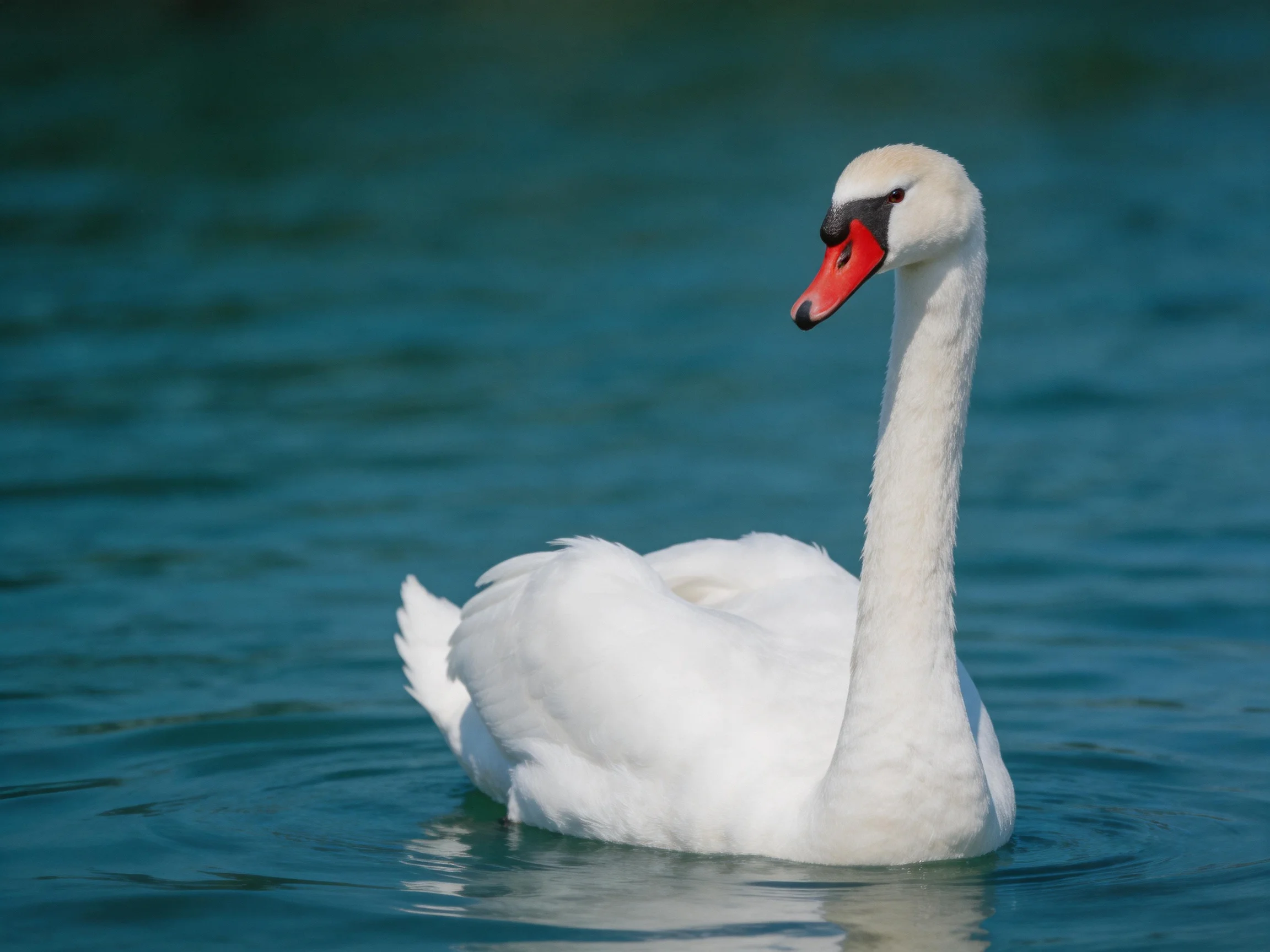 A white swan gliding on turquoise water