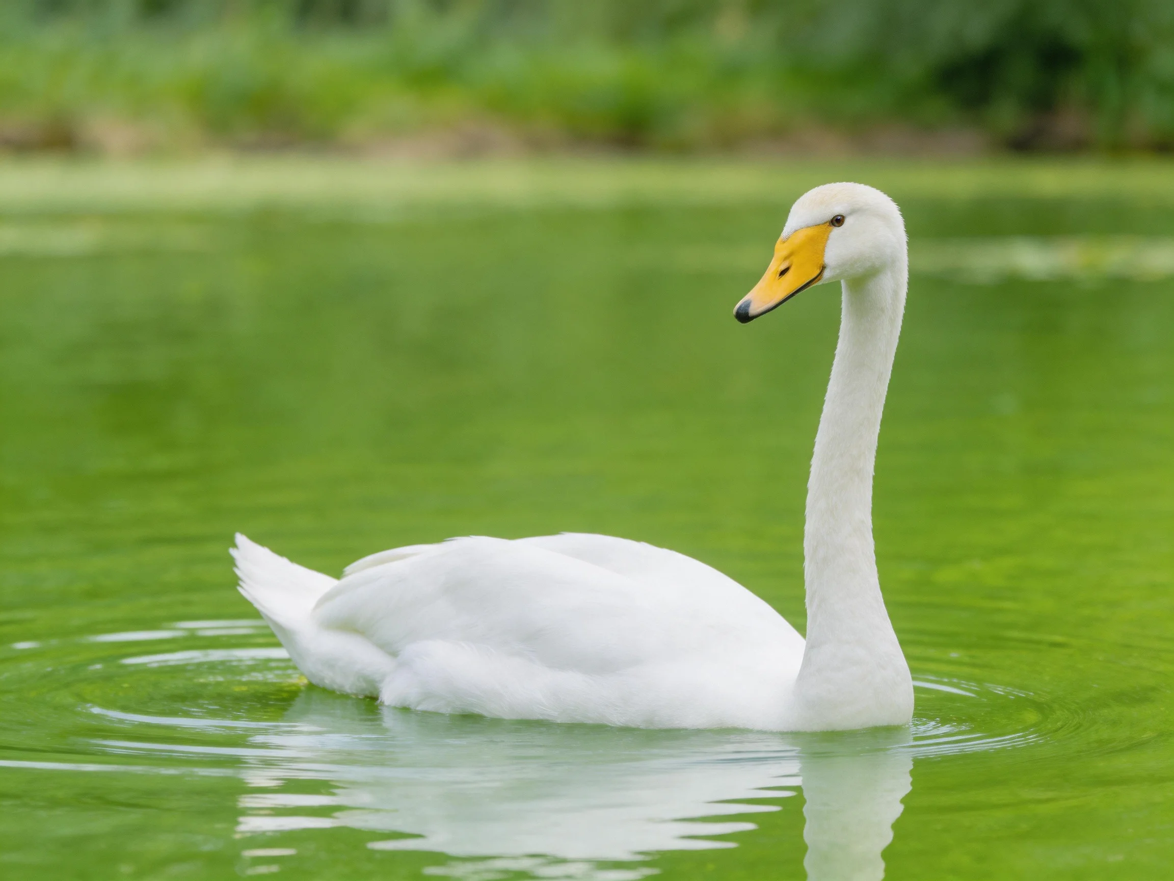 A white swan gliding on vibrant green water