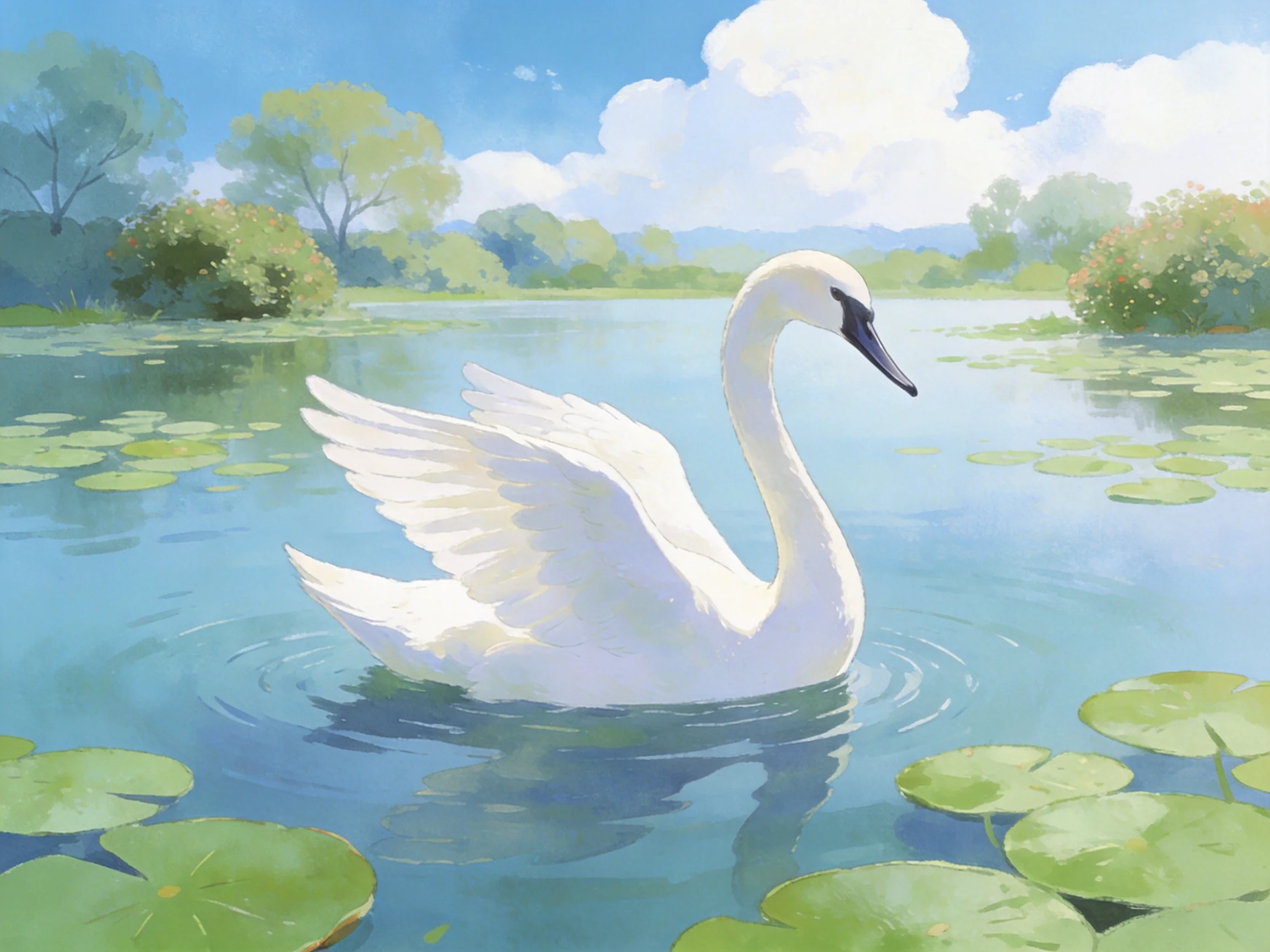 A white swan gliding through calm waters near lily pads