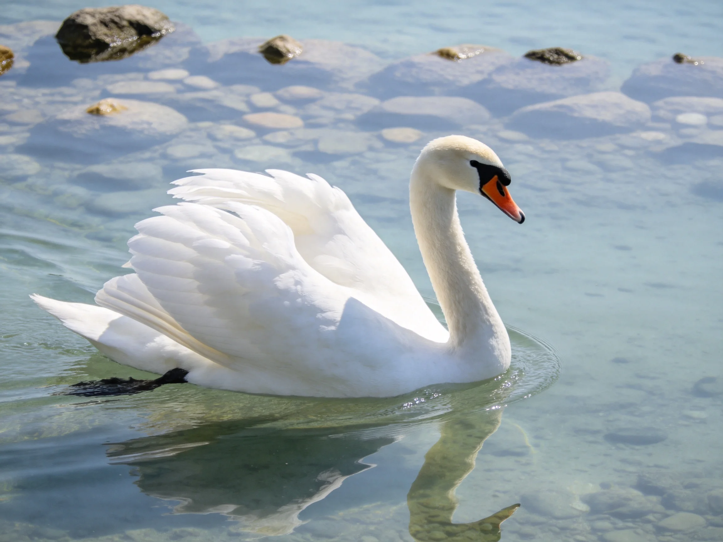 A white swan gliding through clear shallow water near rocks