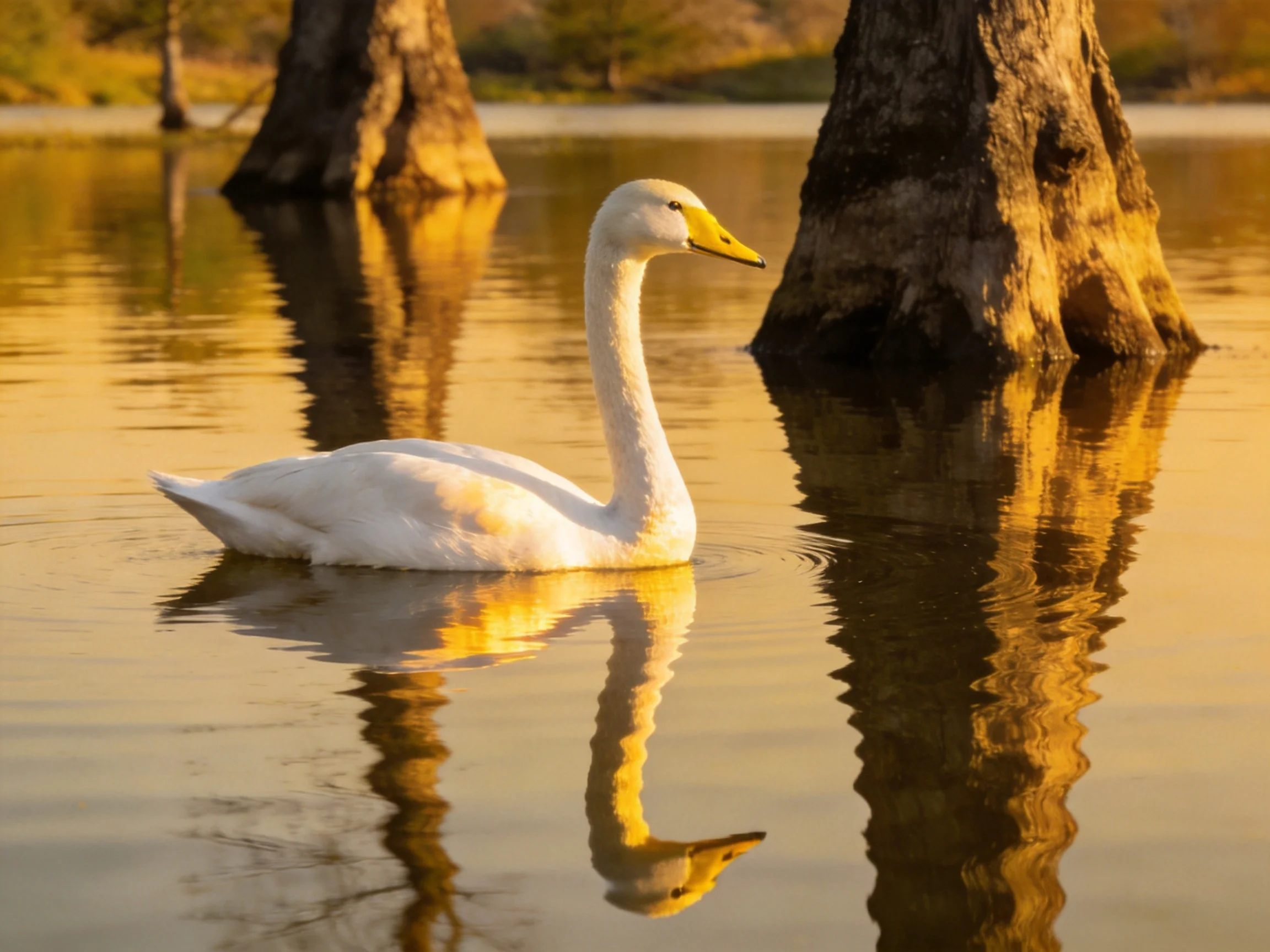 A white swan gliding through golden-hued water near cypress trees