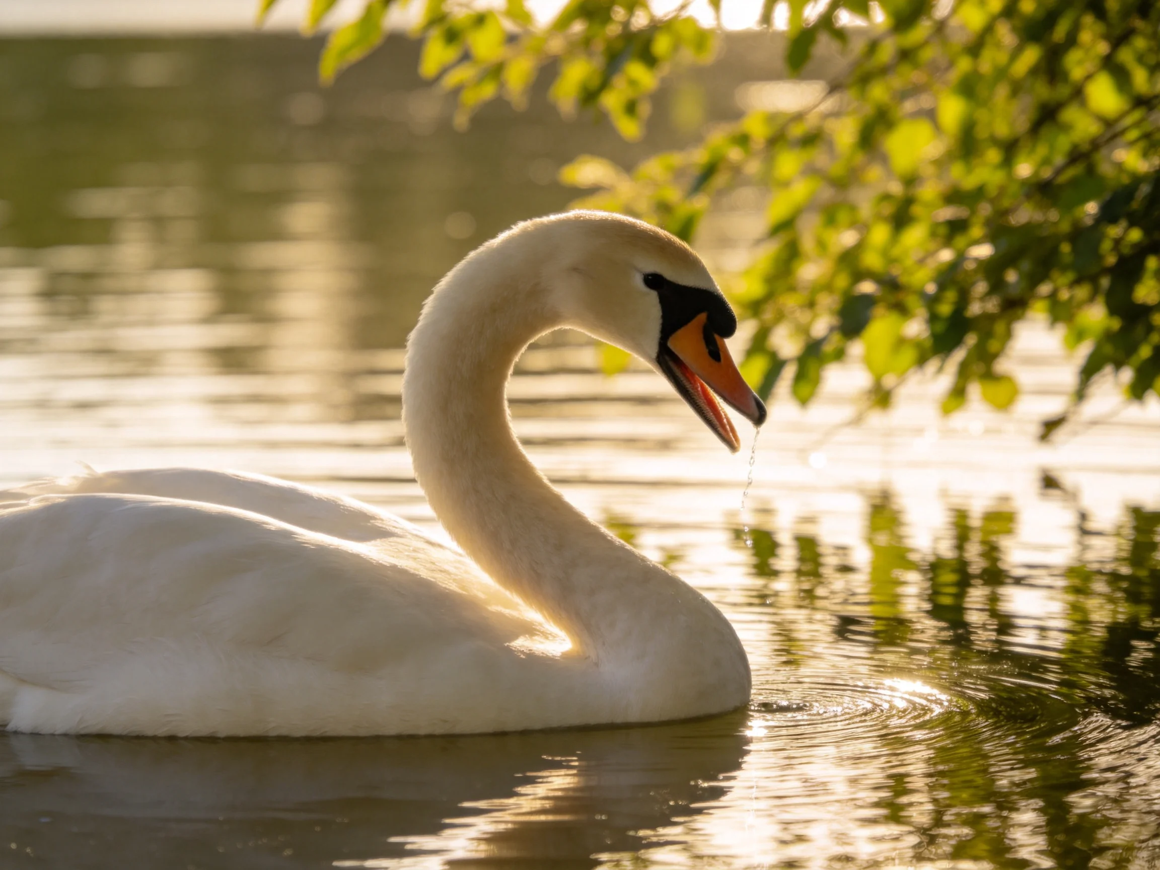 A white swan gliding through golden water near leafy branches