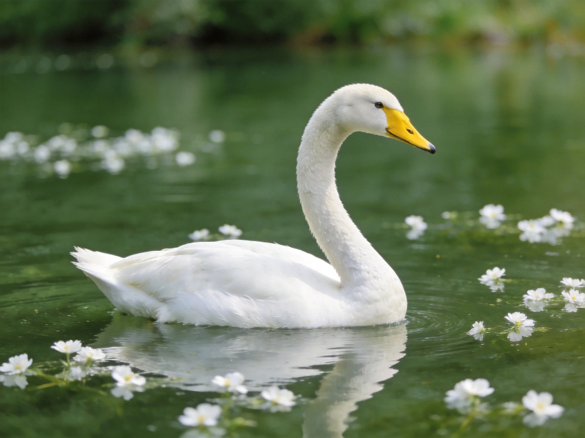 A white swan gliding through green water with small white flowers