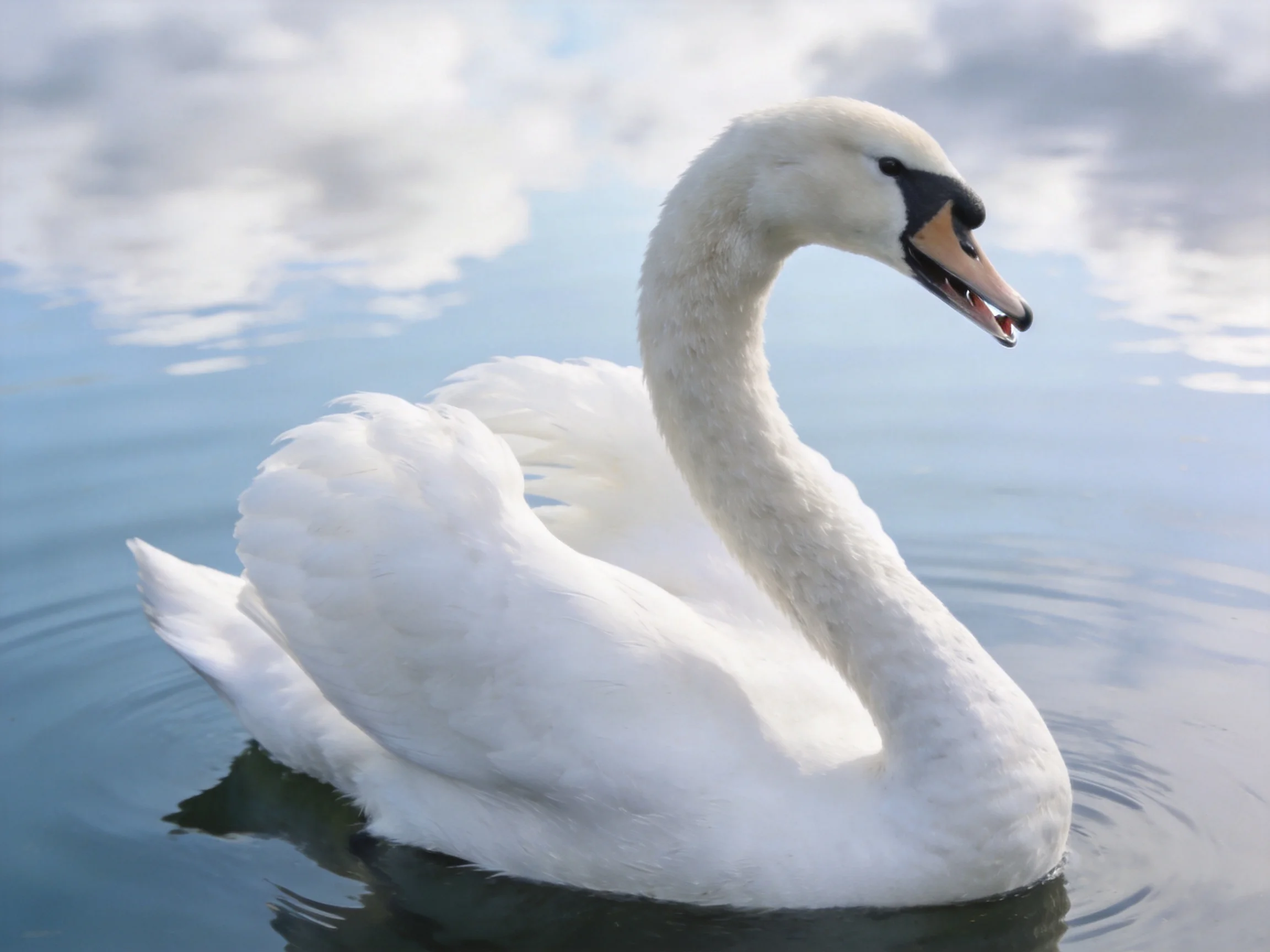 A white swan gracefully floats on serene blue water