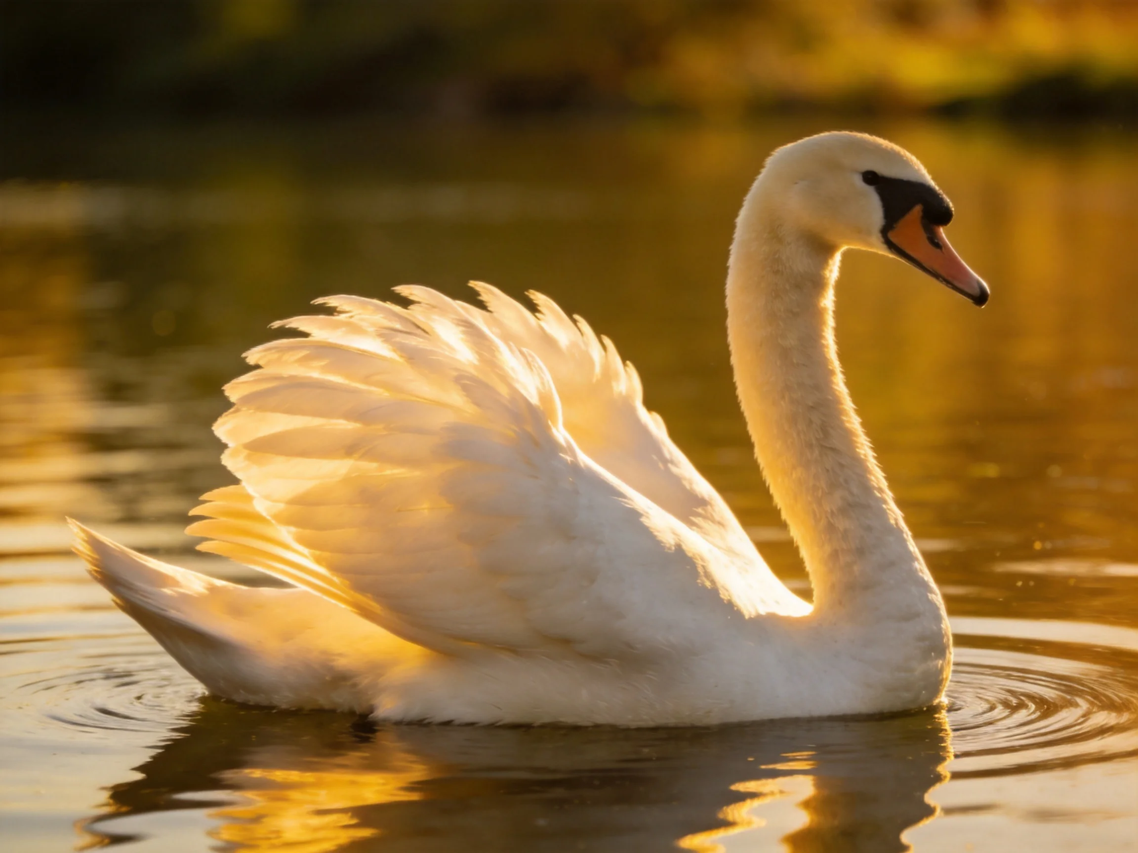 A white swan gracefully swimming on golden water