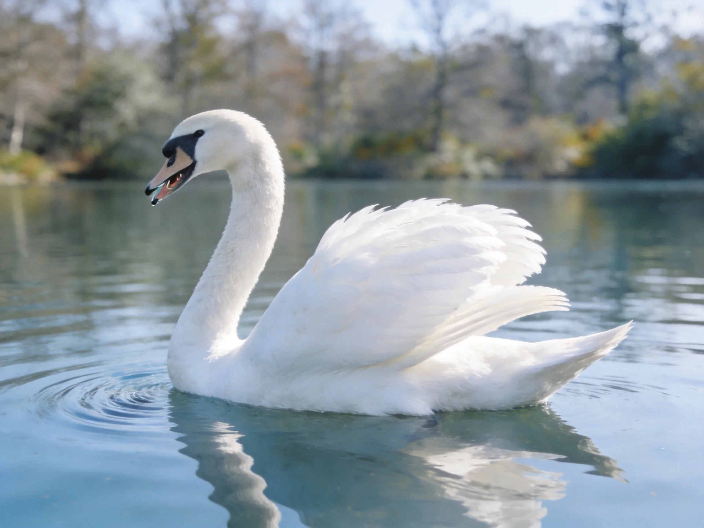 A white swan gracefully swims on serene blue water with trees in the distance
