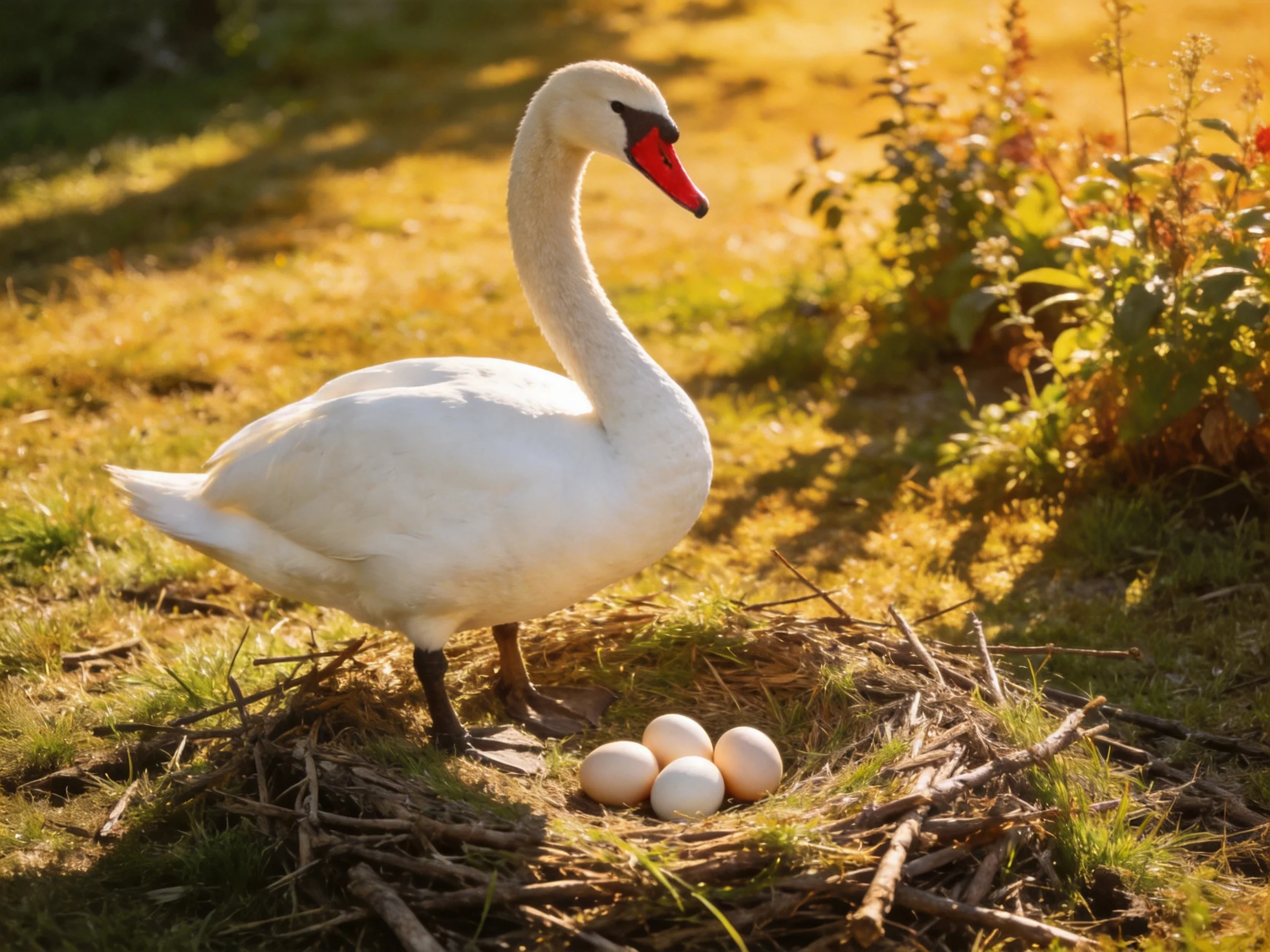 A white swan guards four eggs in a straw-lined nest outdoors