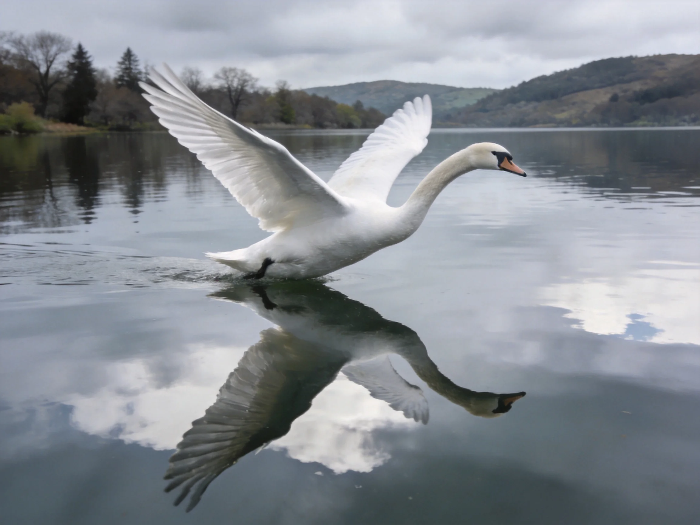 A white swan landing on calm lake water with reflection