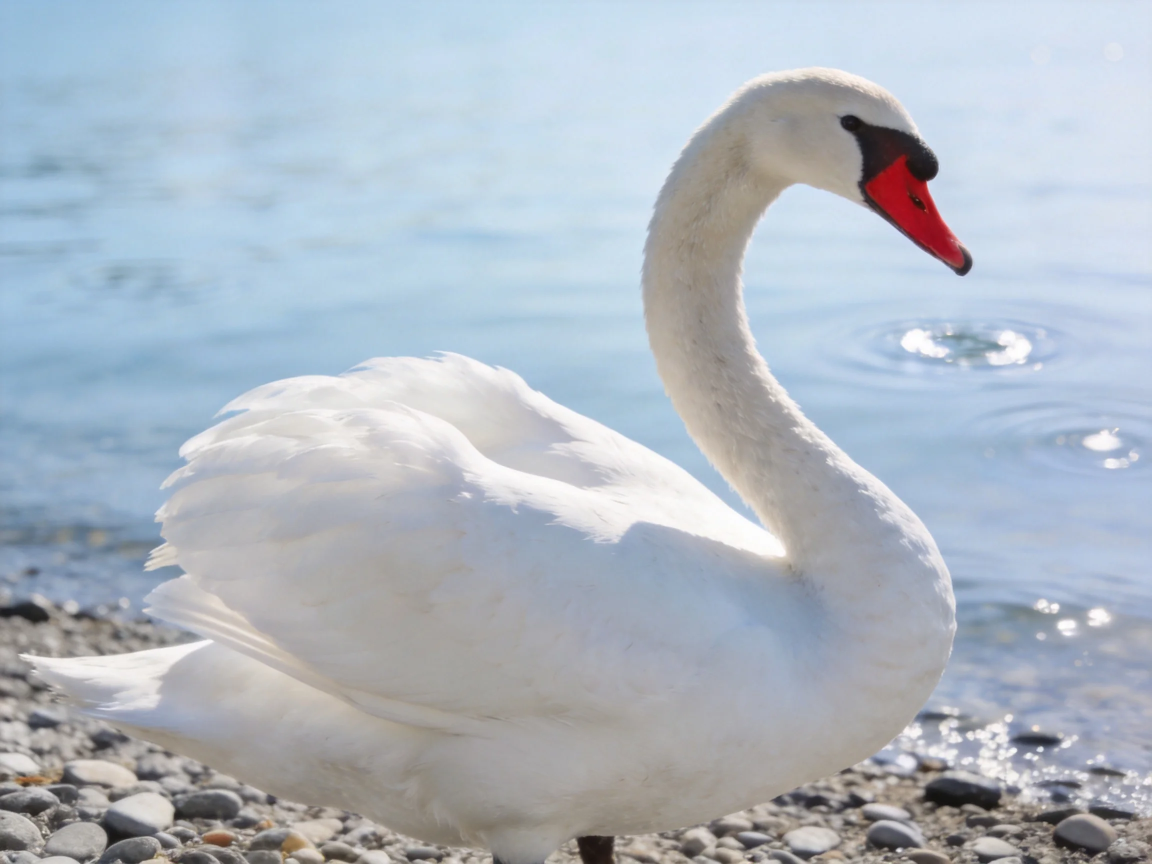 A white swan near calm blue water with pebbly shore
