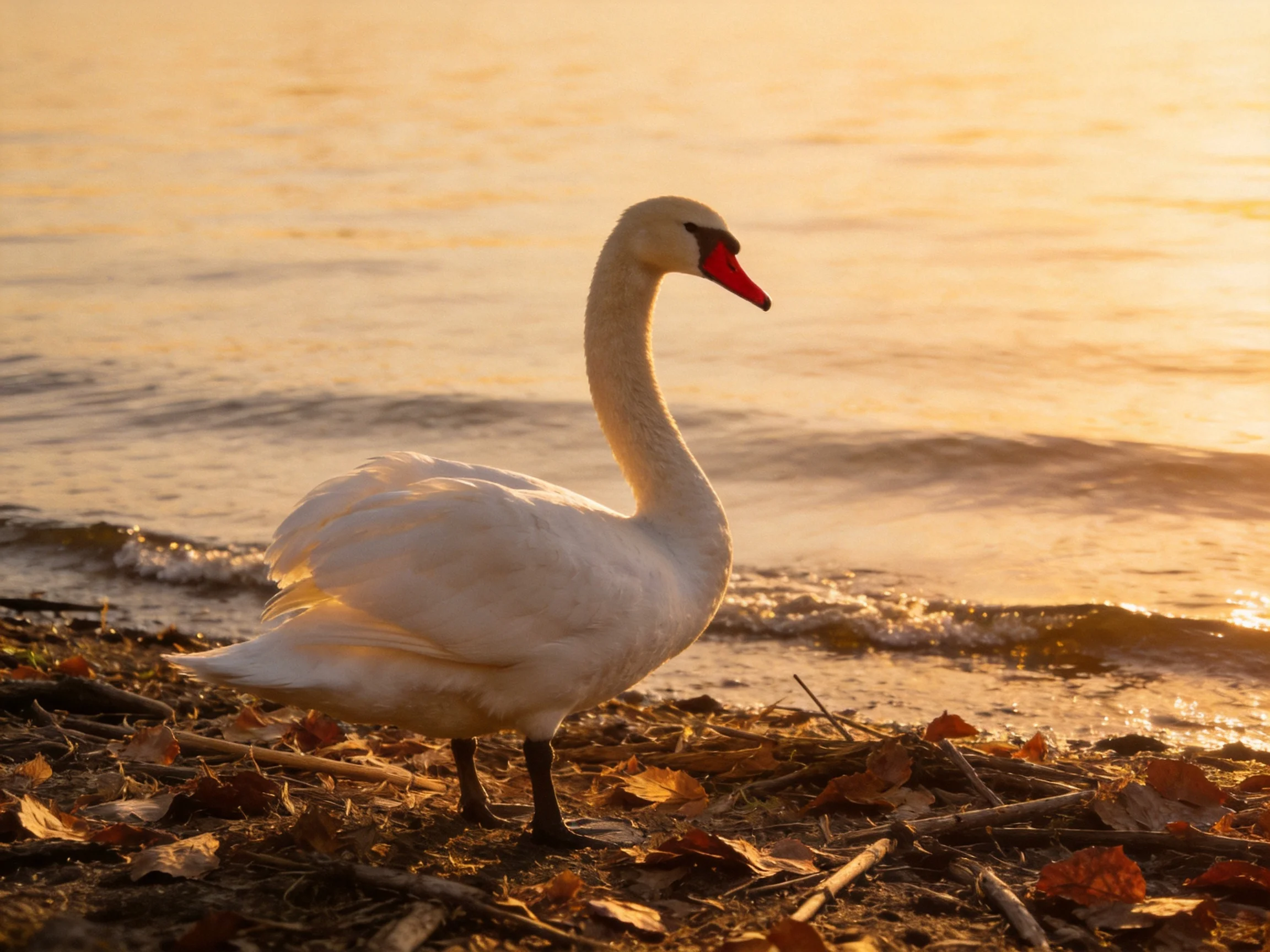 A white swan on a leaf-strewn shore at golden hour