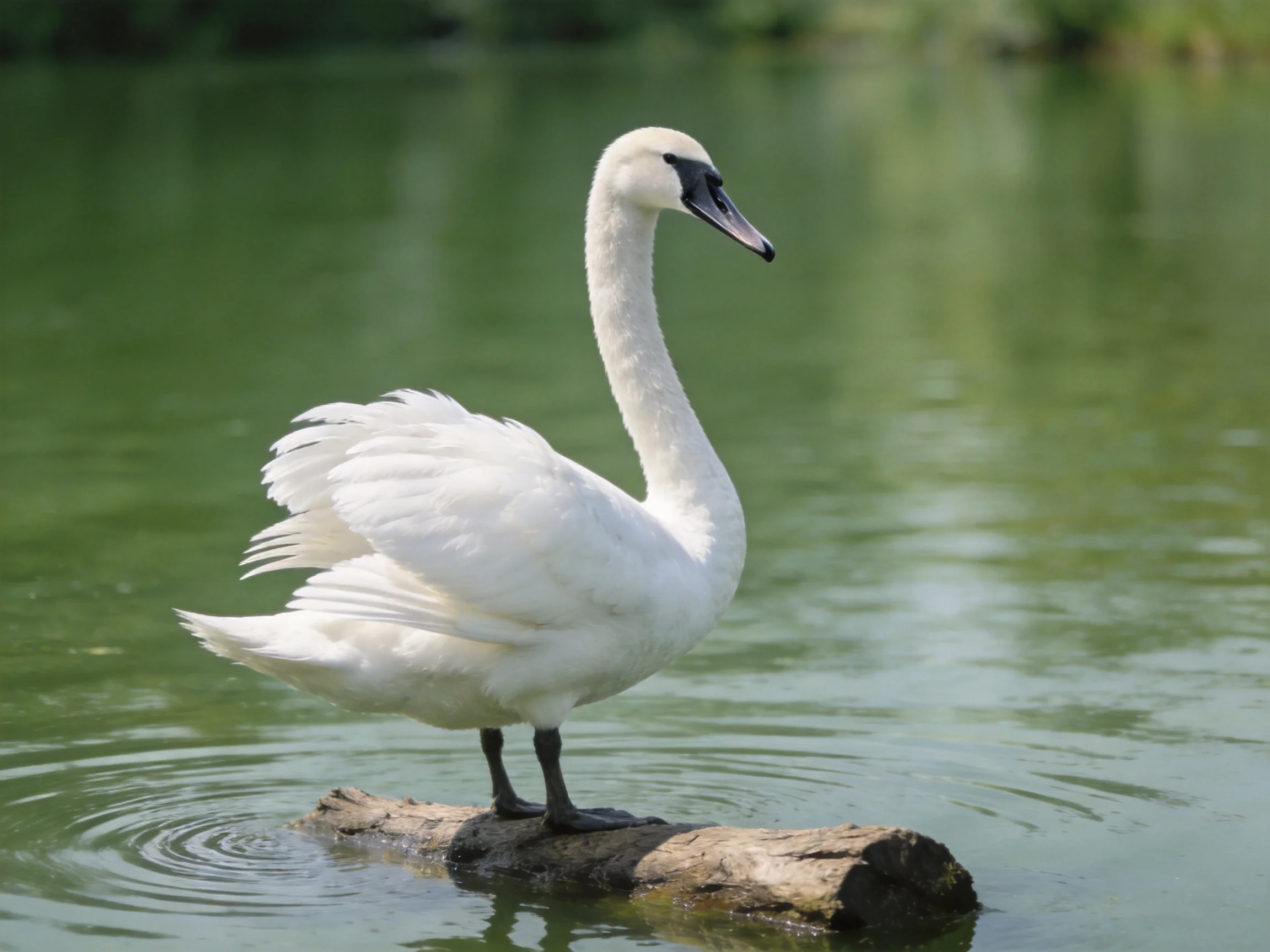 A white swan perched on a log in calm green water