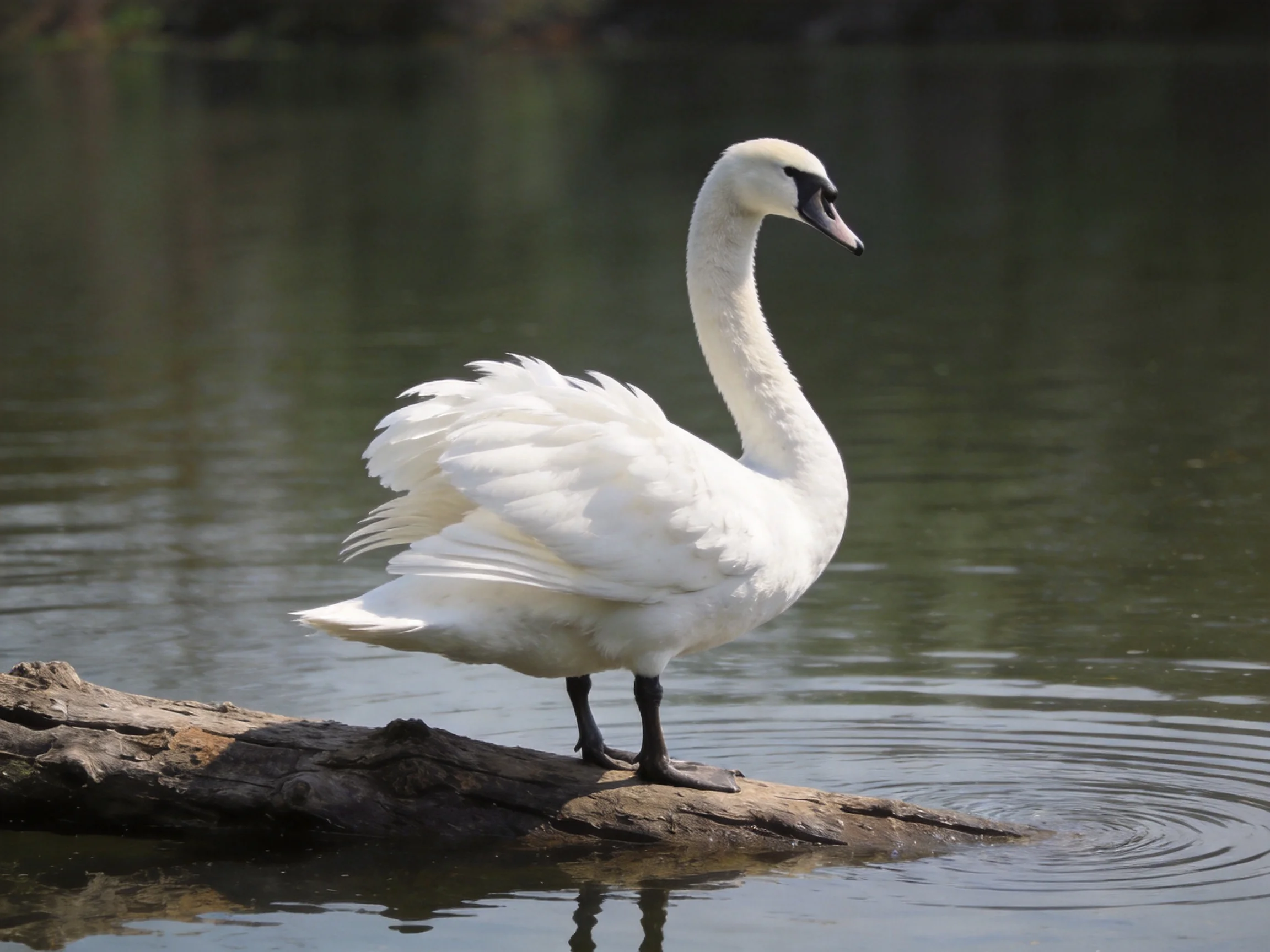 A white swan stands gracefully on a log by tranquil water.