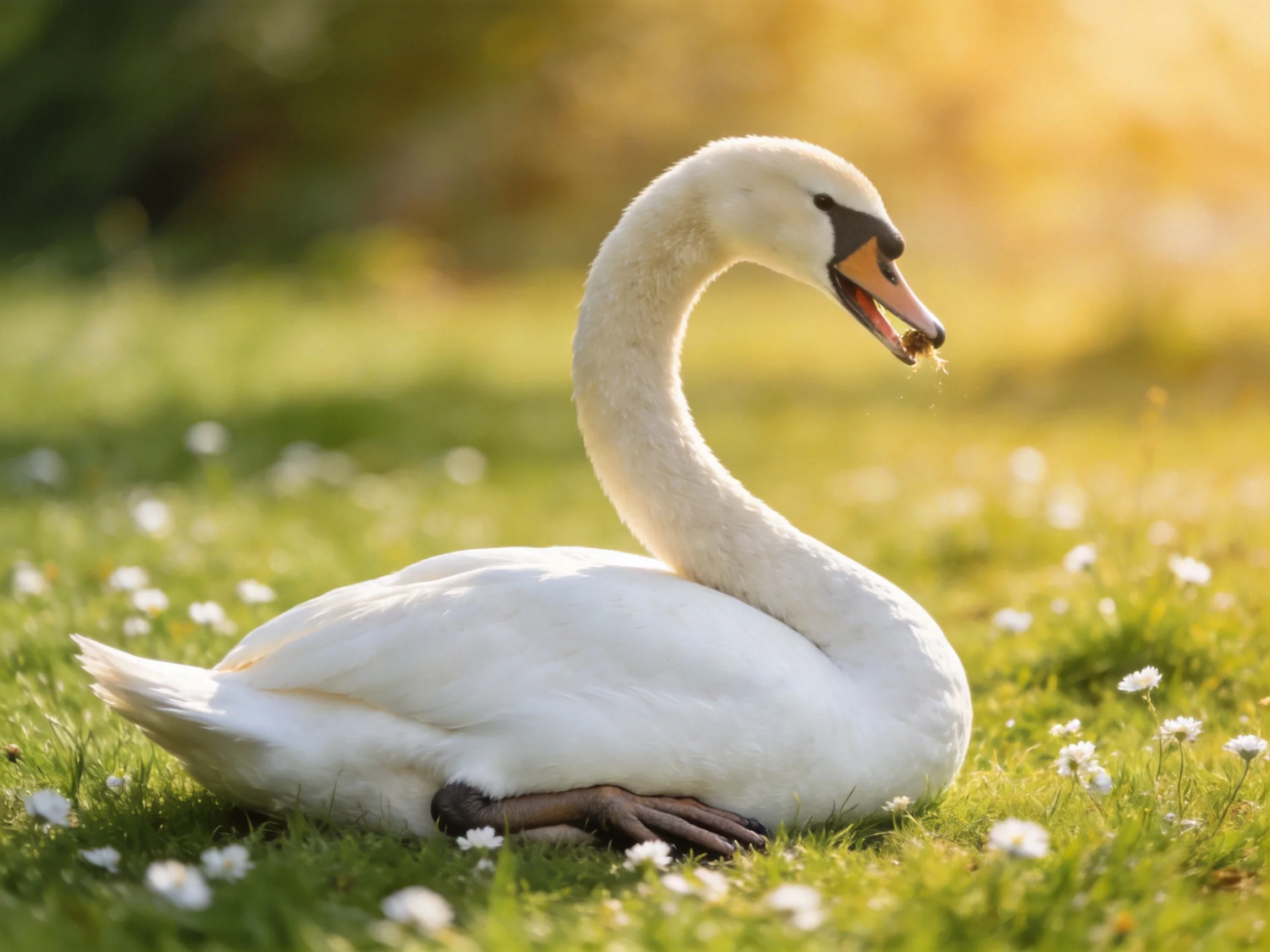 A white swan rests peacefully amid green grass and small white flowers.