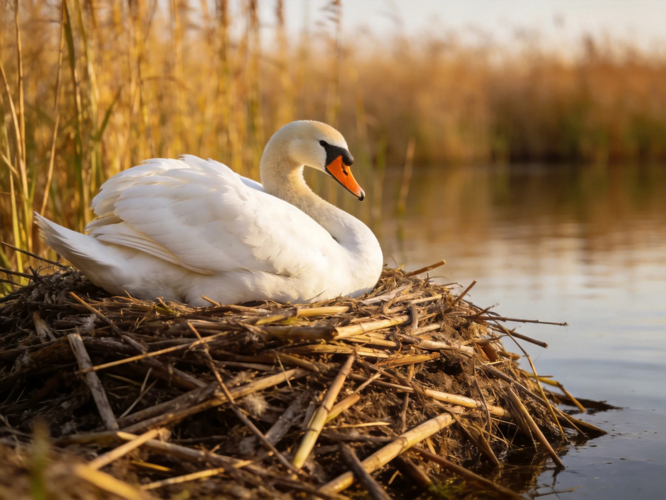 A white swan rests in a straw-filled nest by calm water