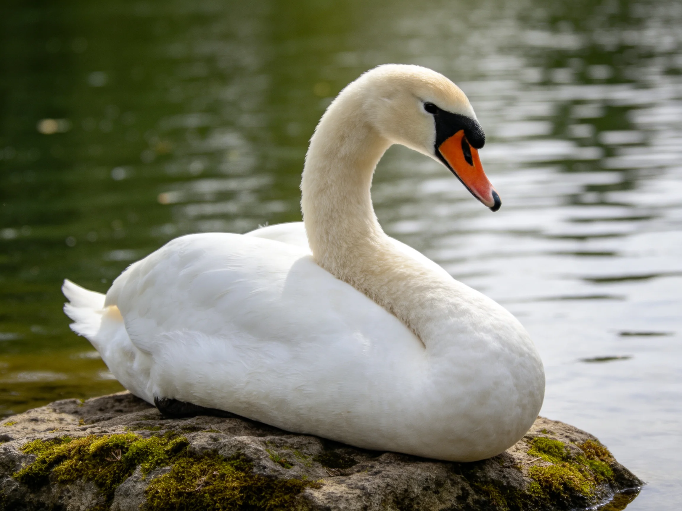 A white swan rests on a moss-covered rock by calm water