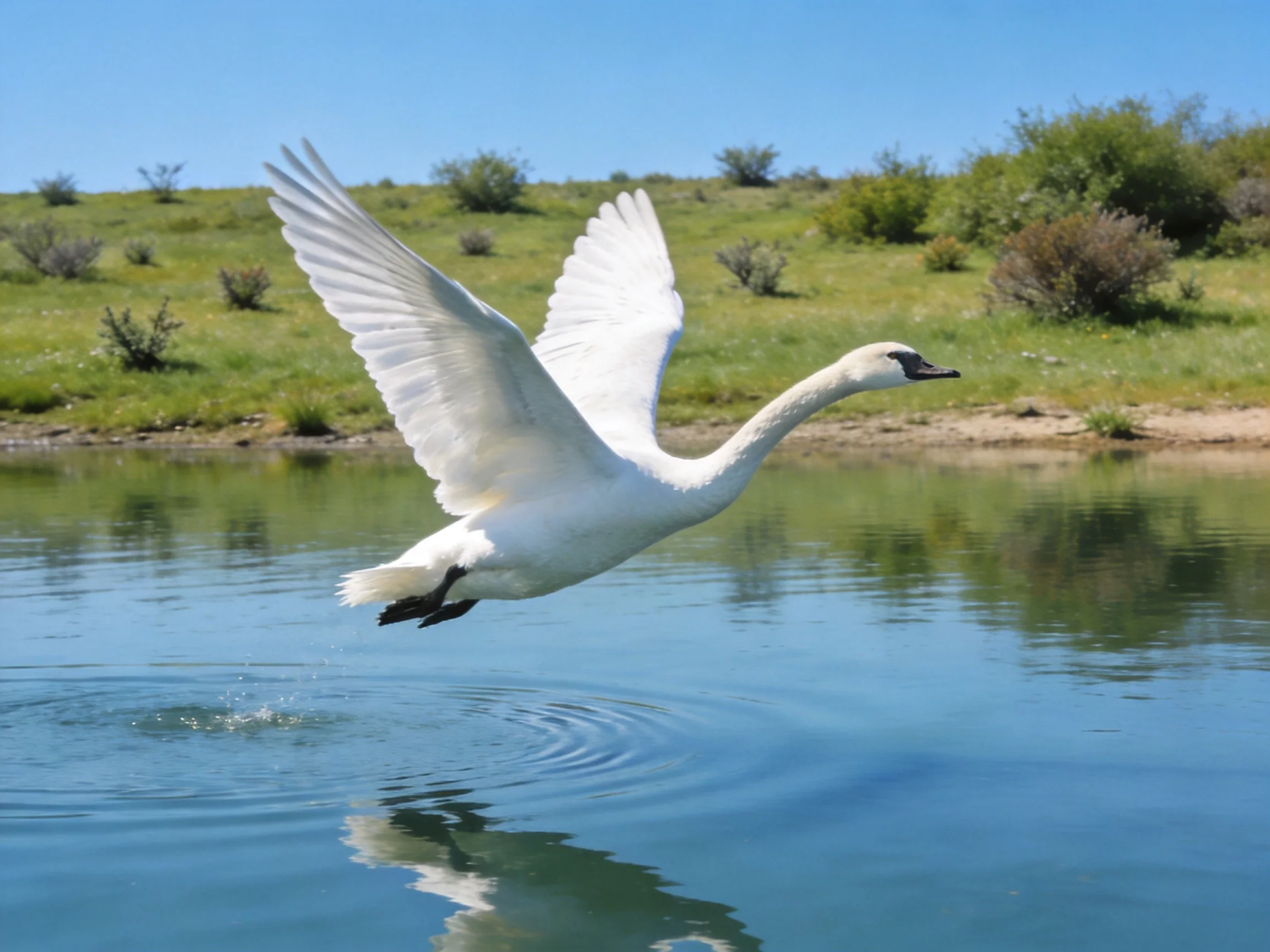 A white swan soaring above calm blue water near green vegetation