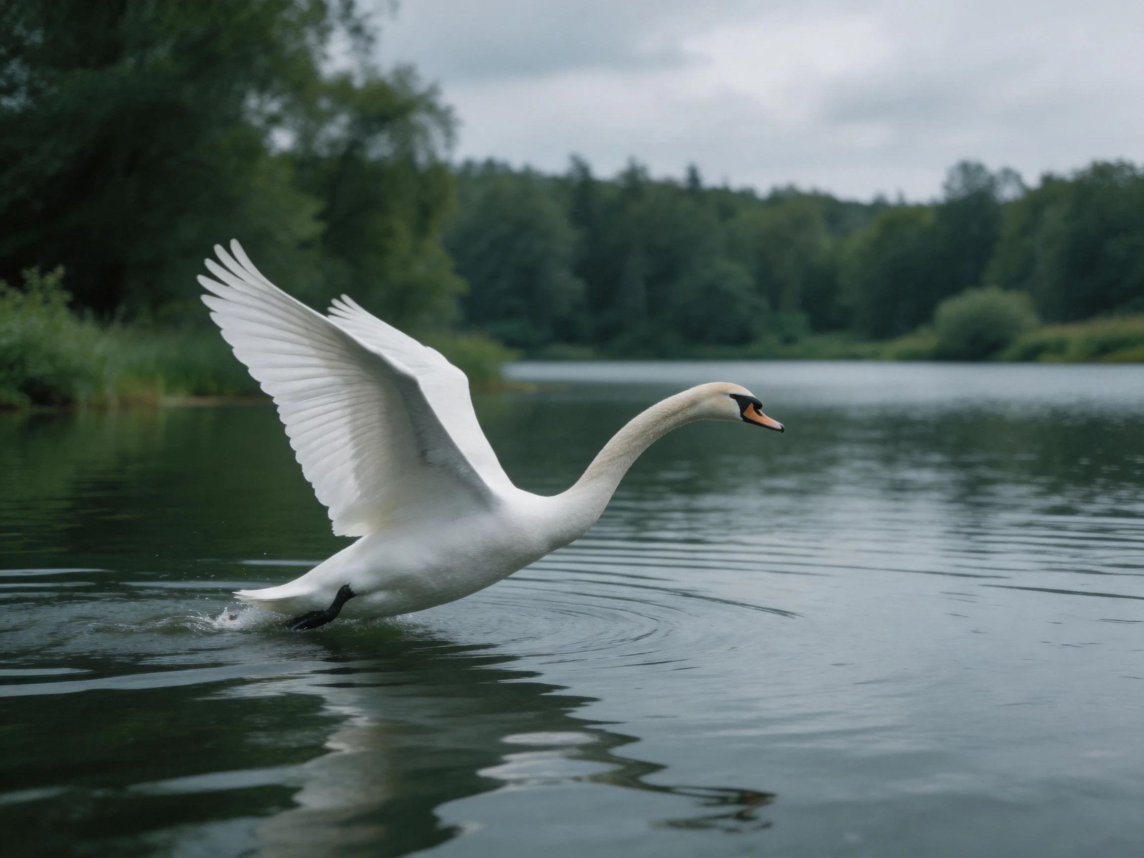 A white swan soaring above tranquil river waters
