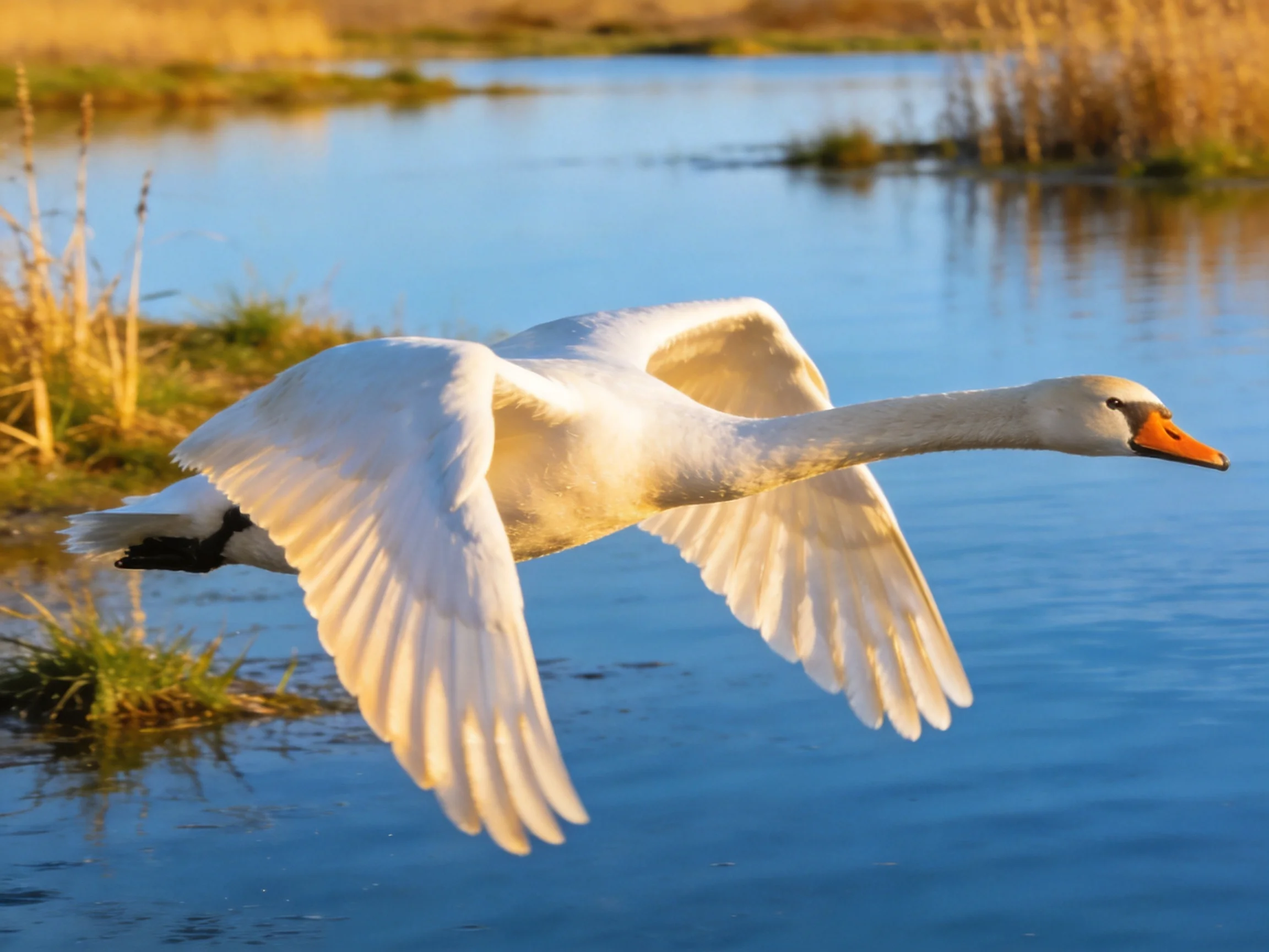 A white swan soaring over calm blue water near golden reeds