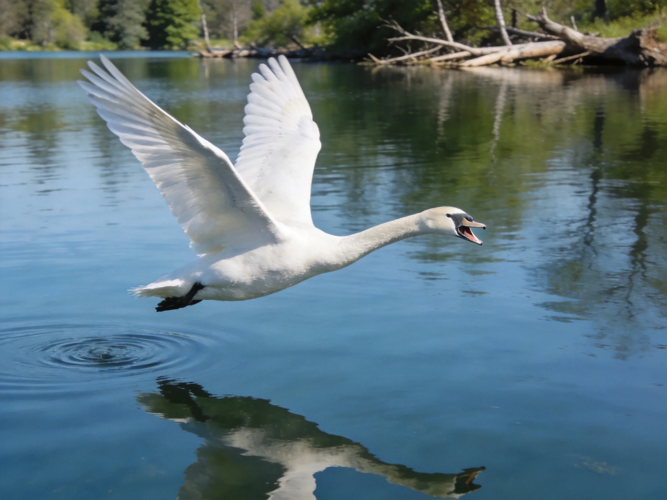 A white swan soaring over calm blue water near trees