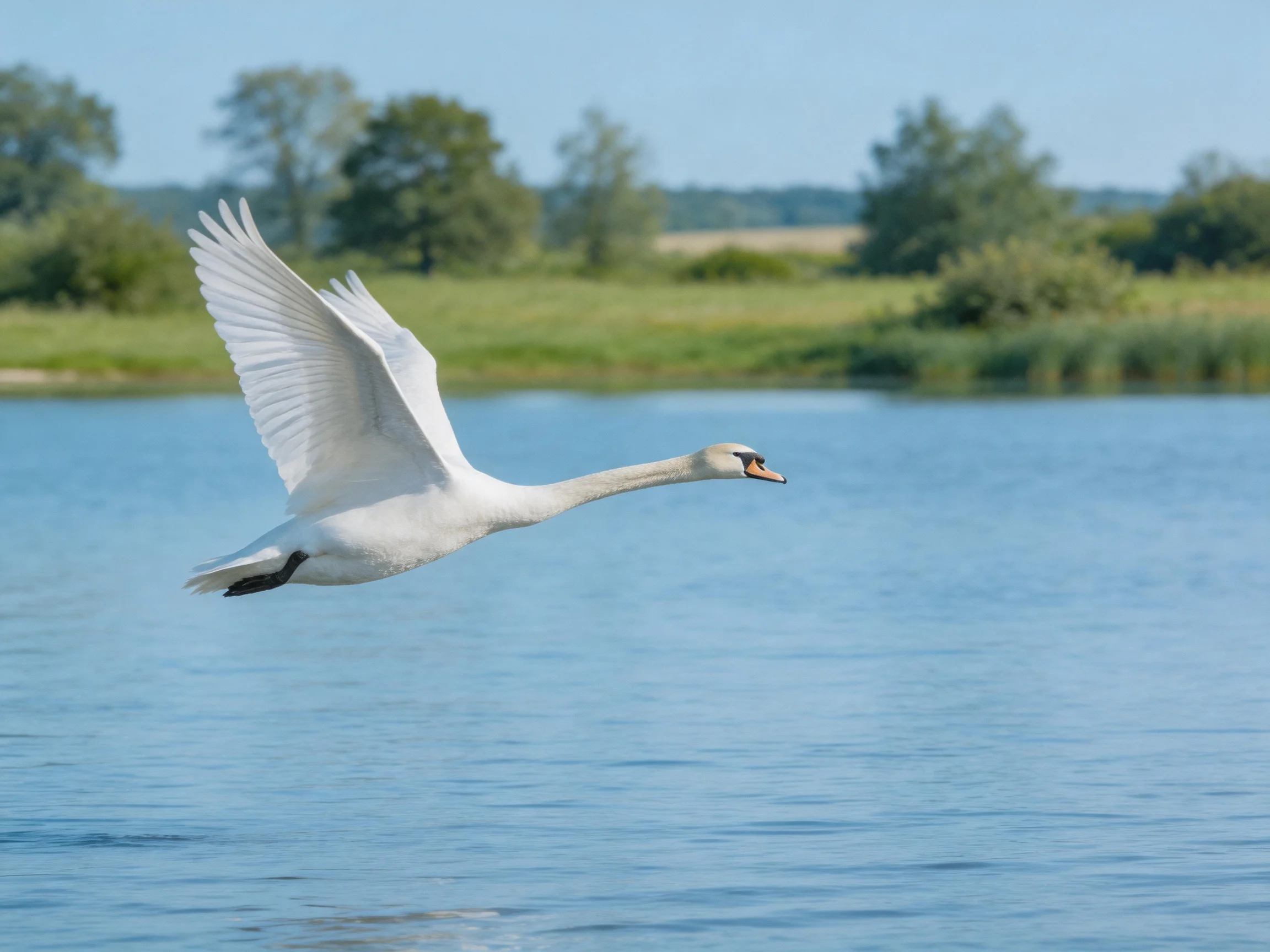 A white swan soaring over calm blue waters near green landscape