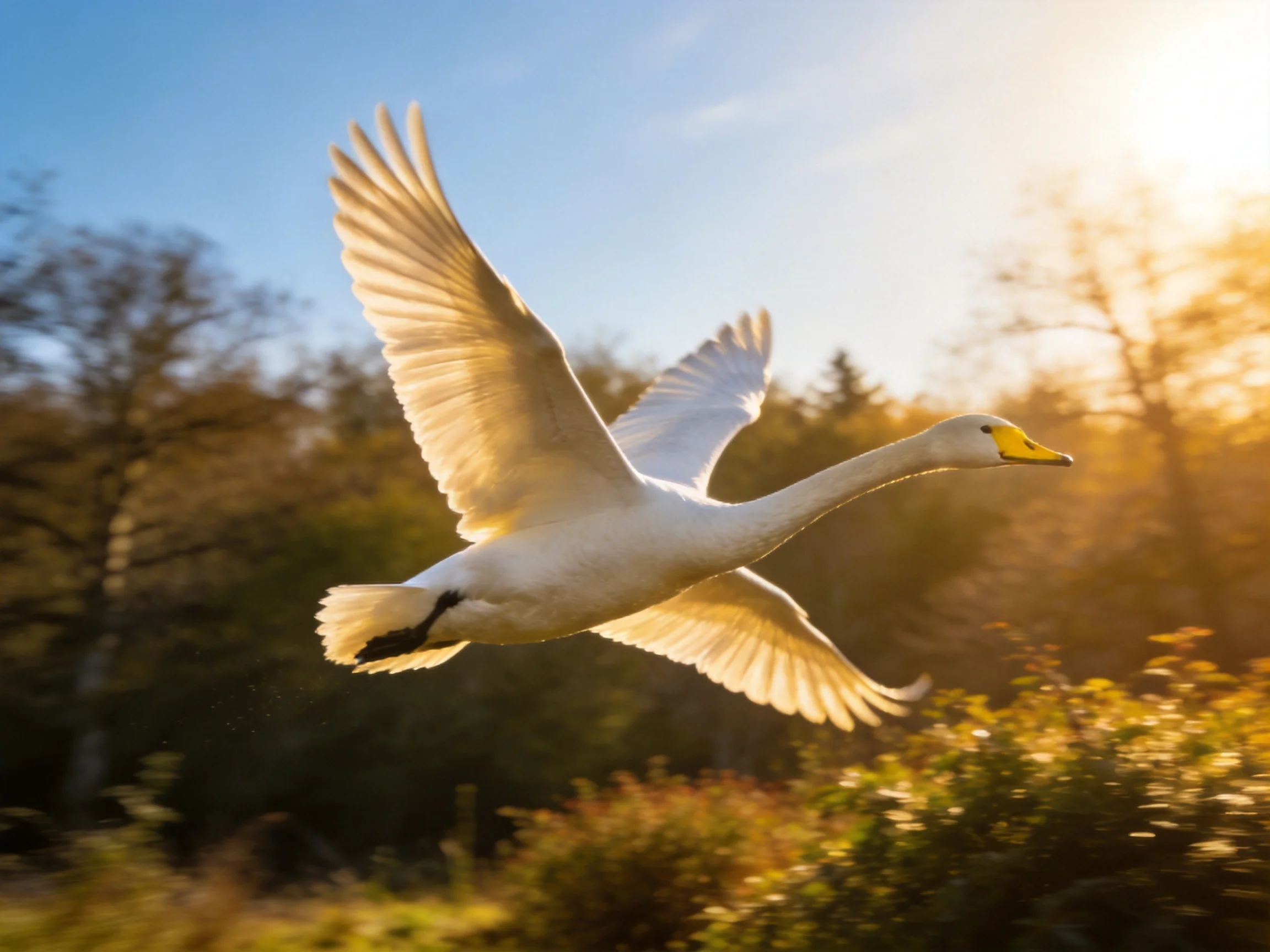 A white swan soaring through golden sunlight near trees