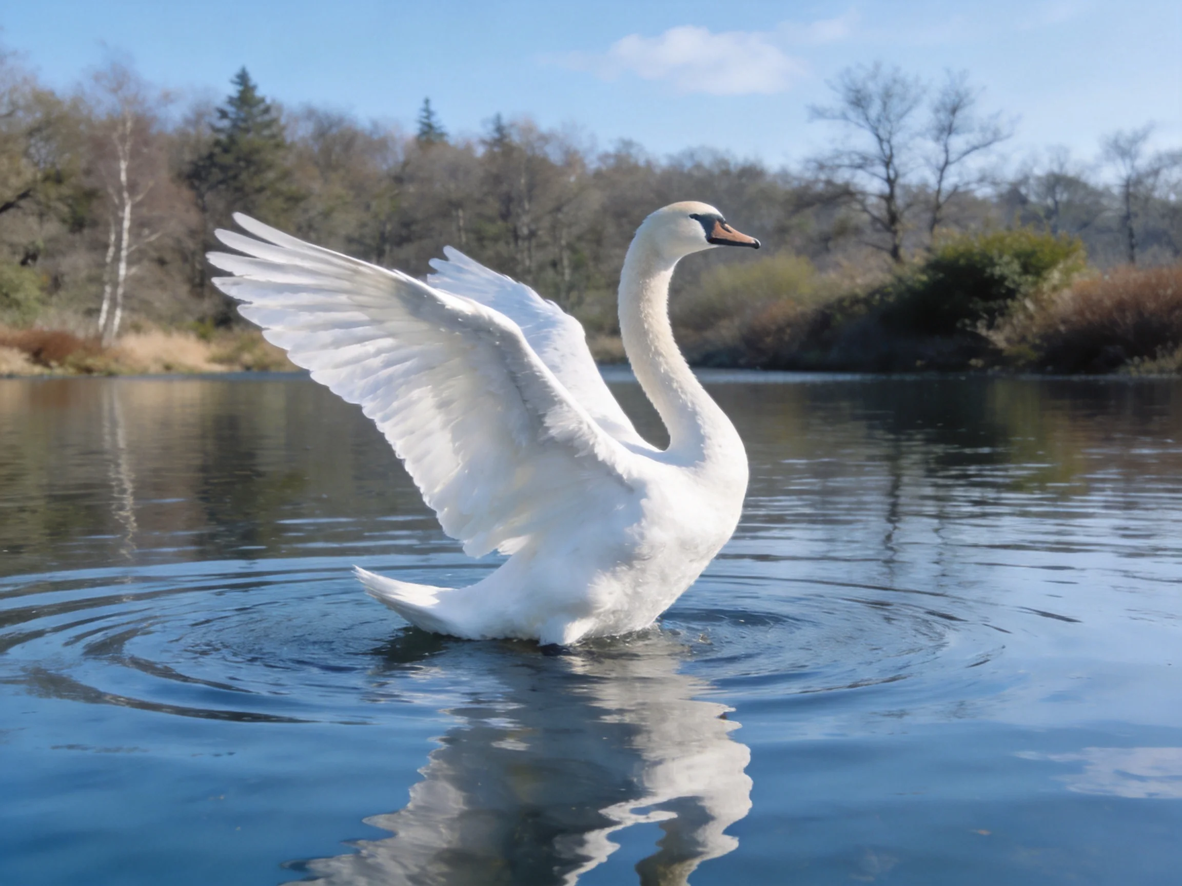 A white swan spreading wings in calm blue water