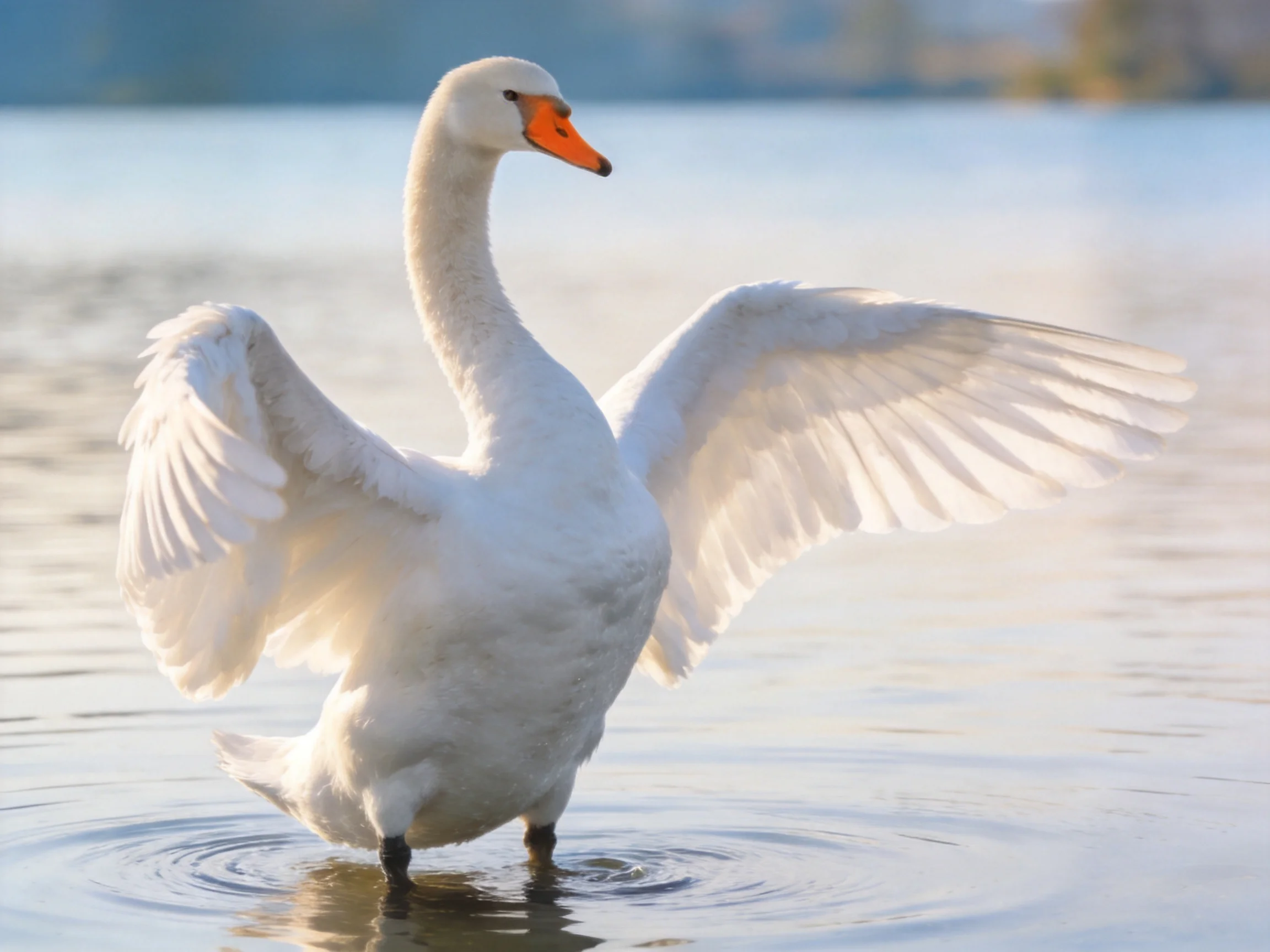 A white swan spreading wings in calm blue water