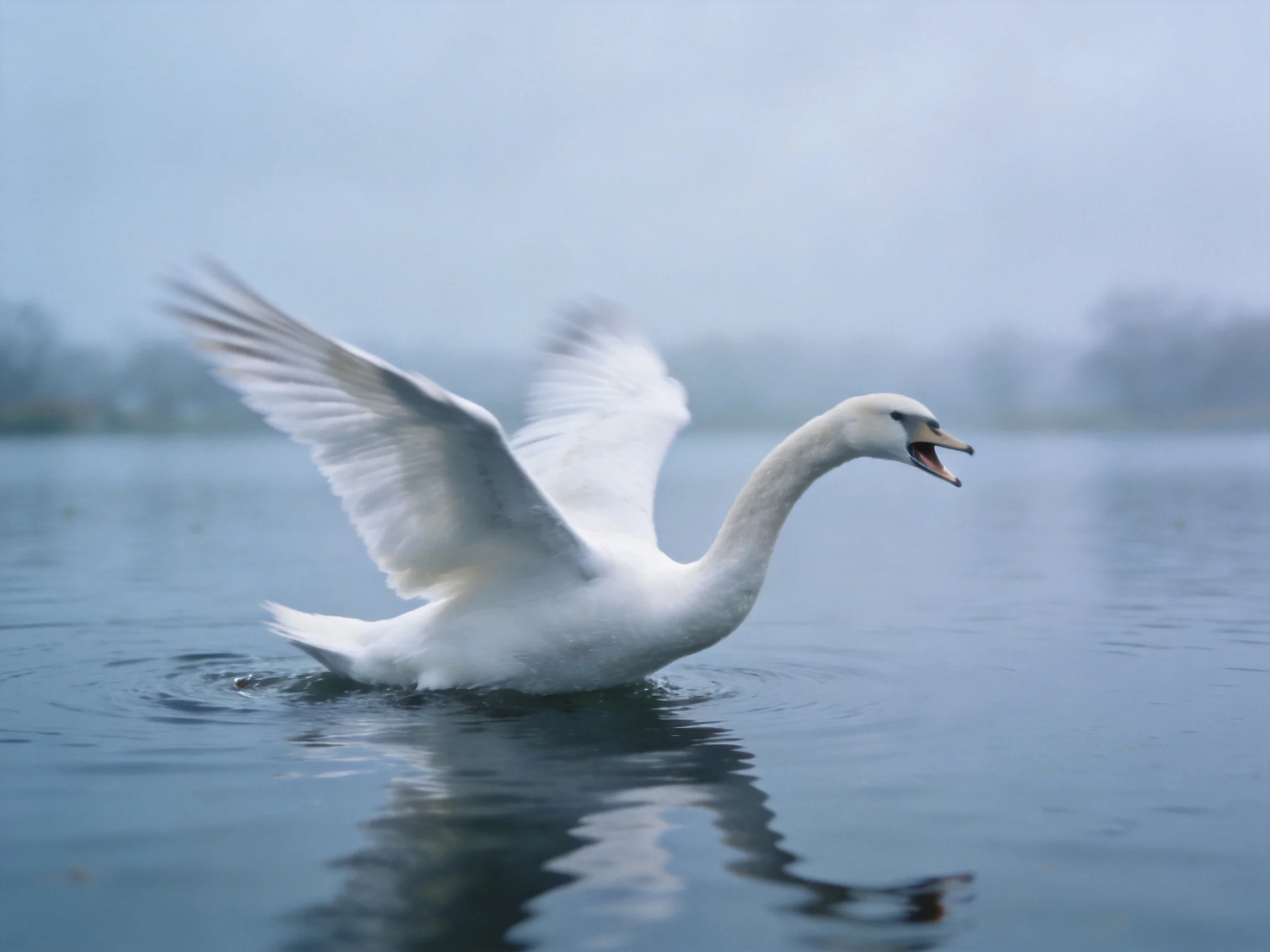 A white swan spreading wings in calm blue water