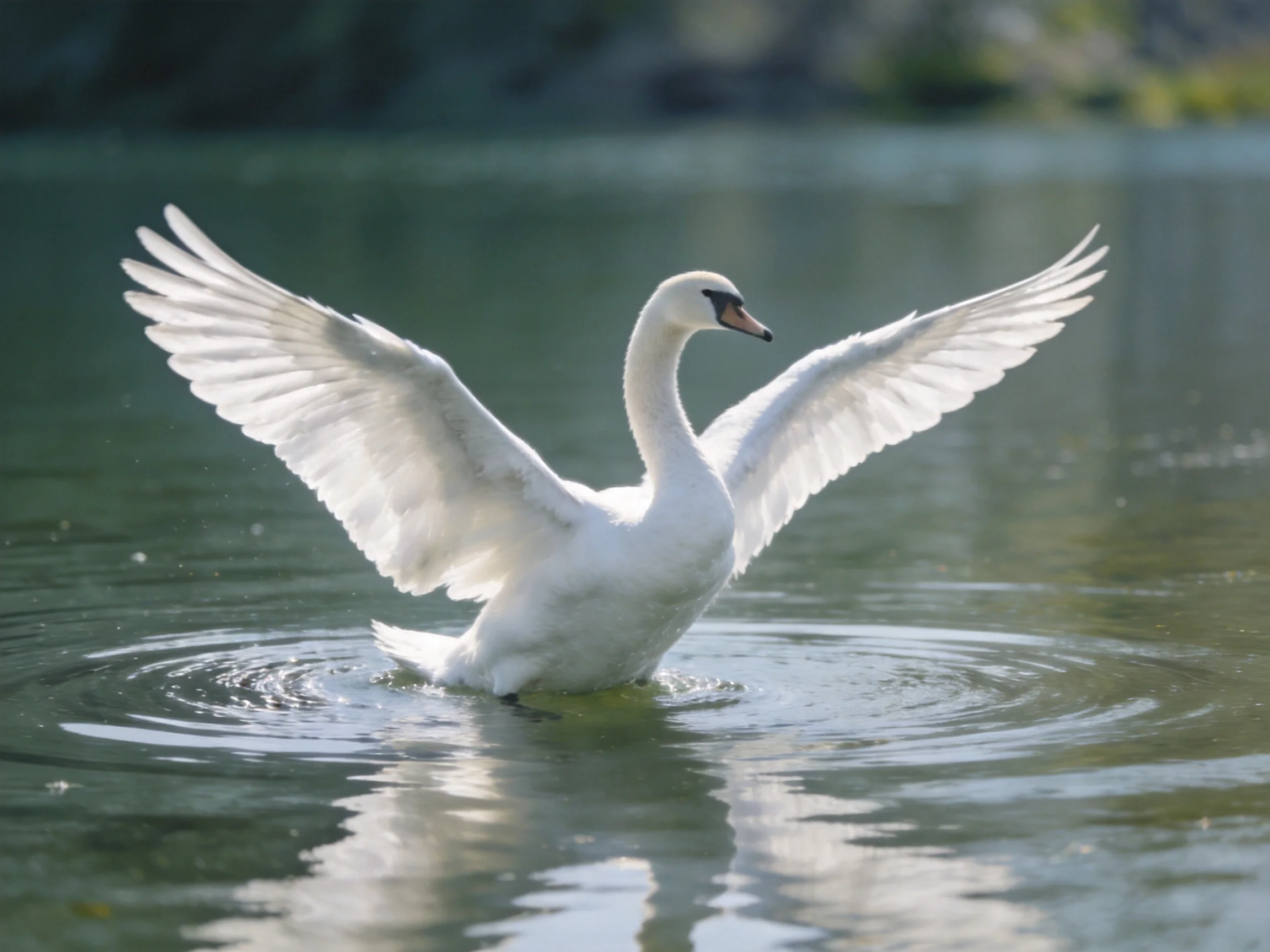 A white swan spreading wings in calm green water