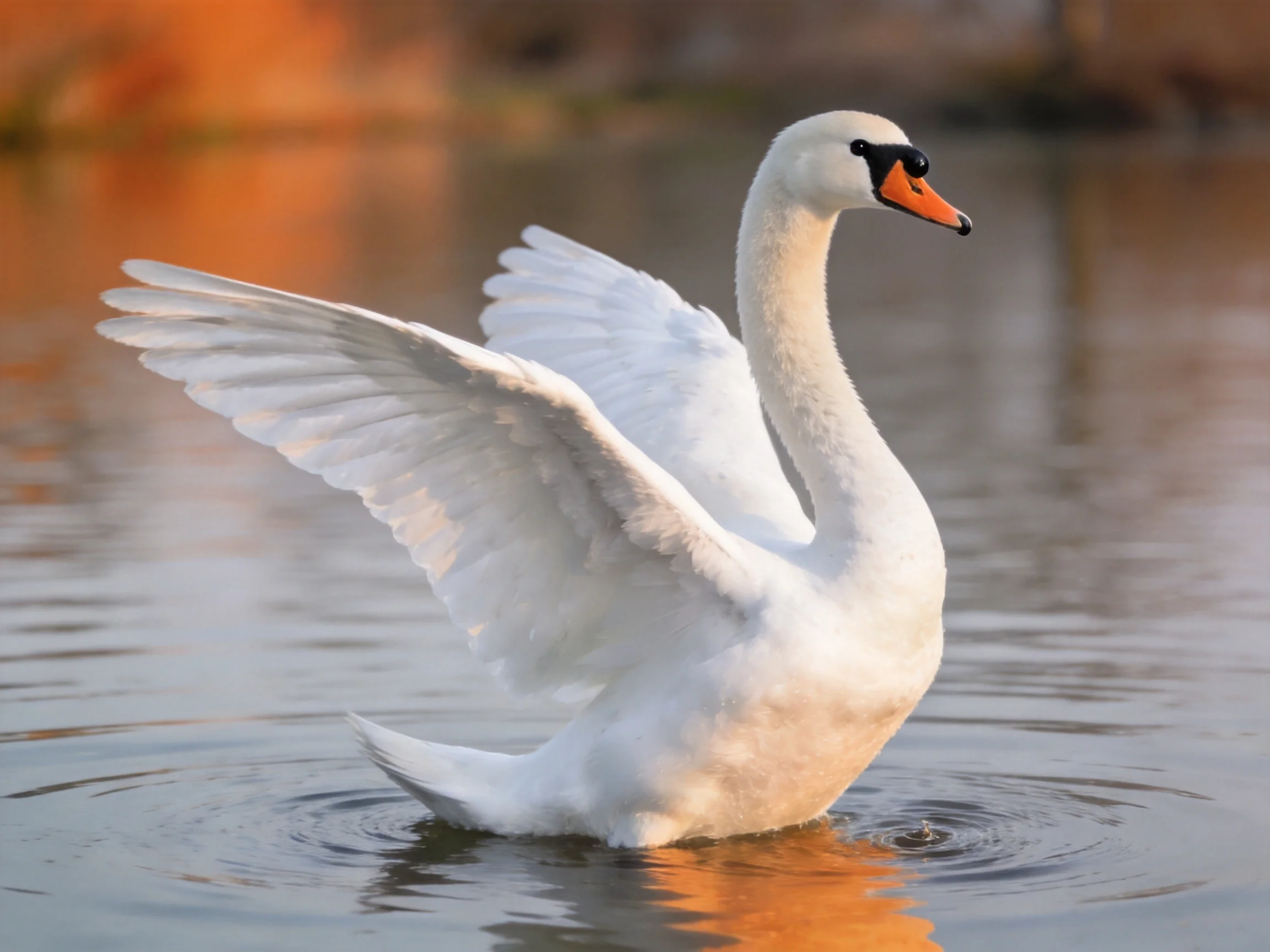 A white swan spreading wings in calm water during golden hour