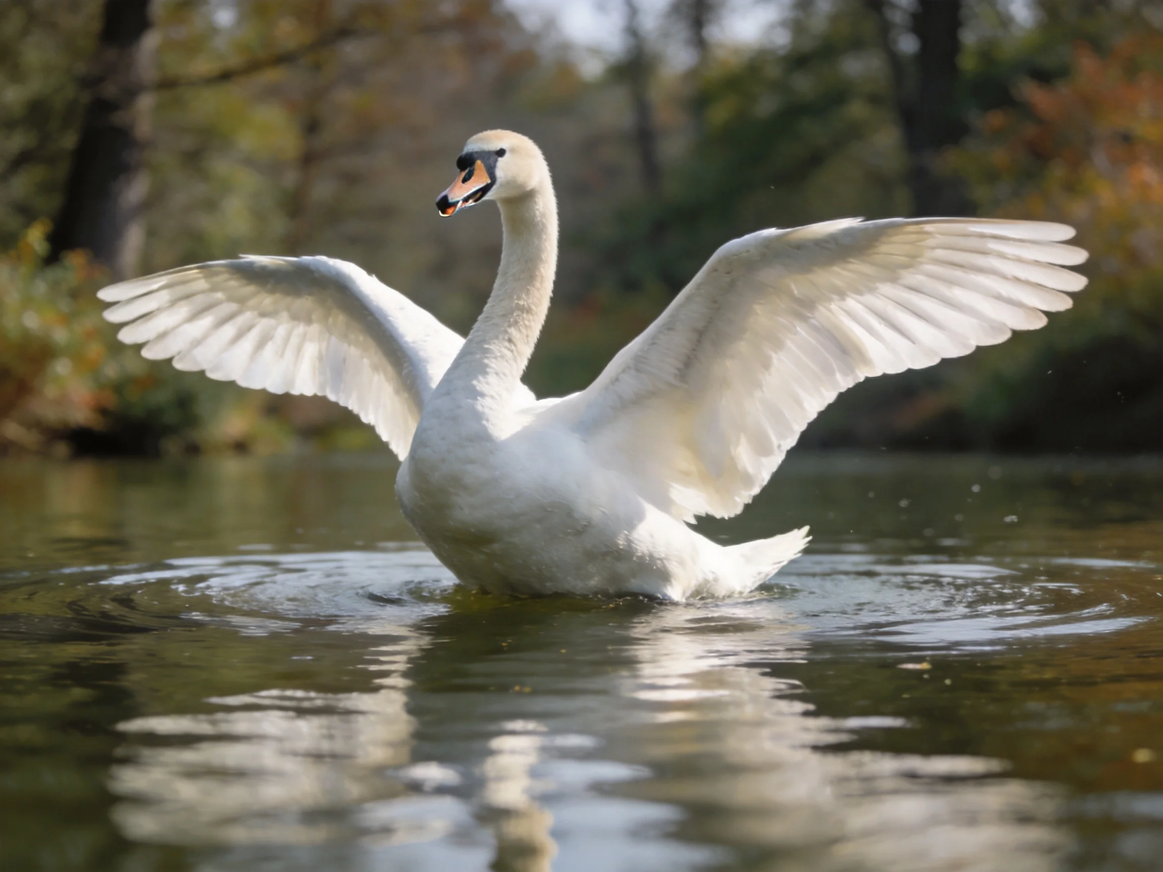 A white swan spreading wings in calm water near trees