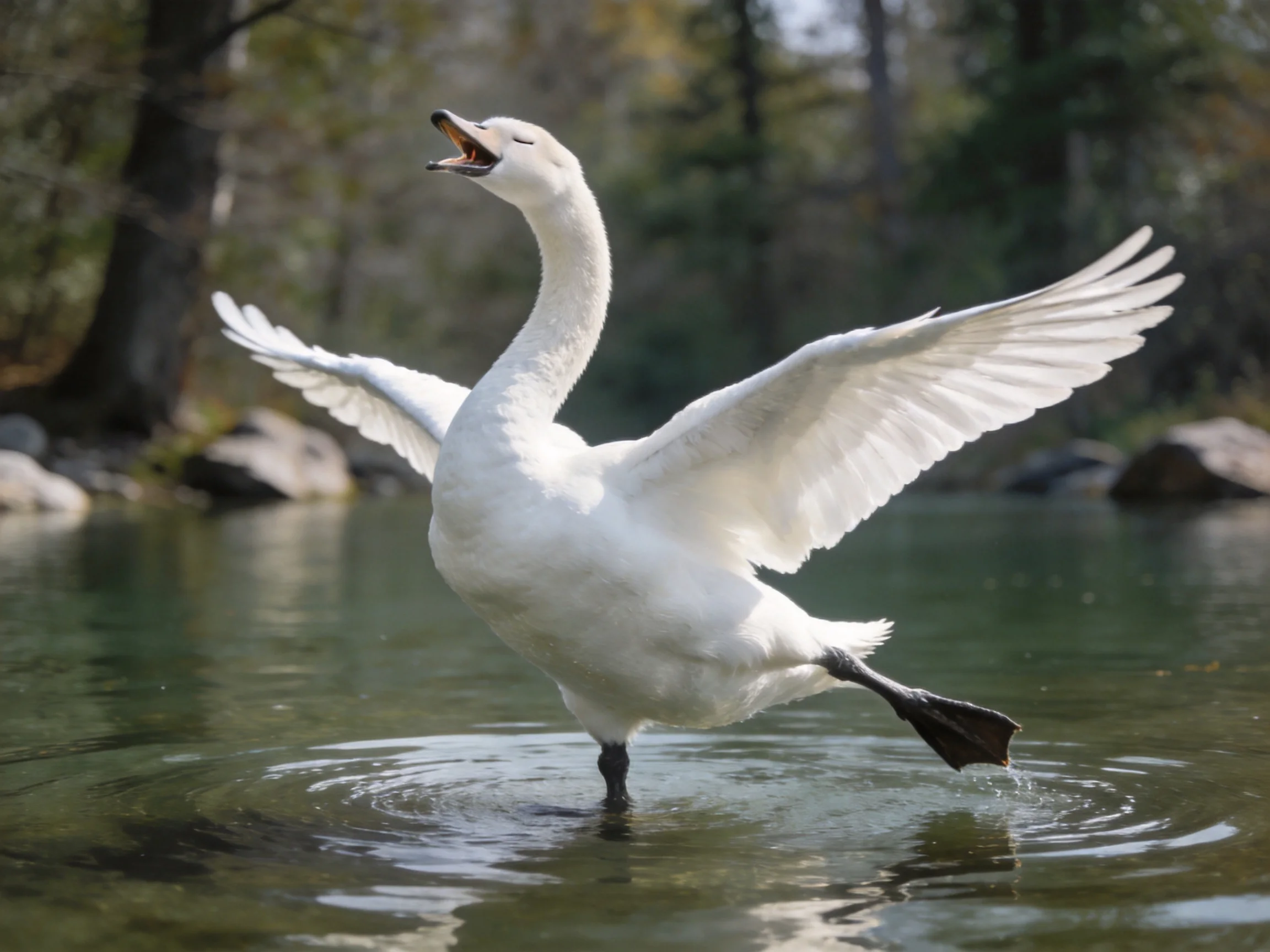 A white swan spreading wings in calm water near trees